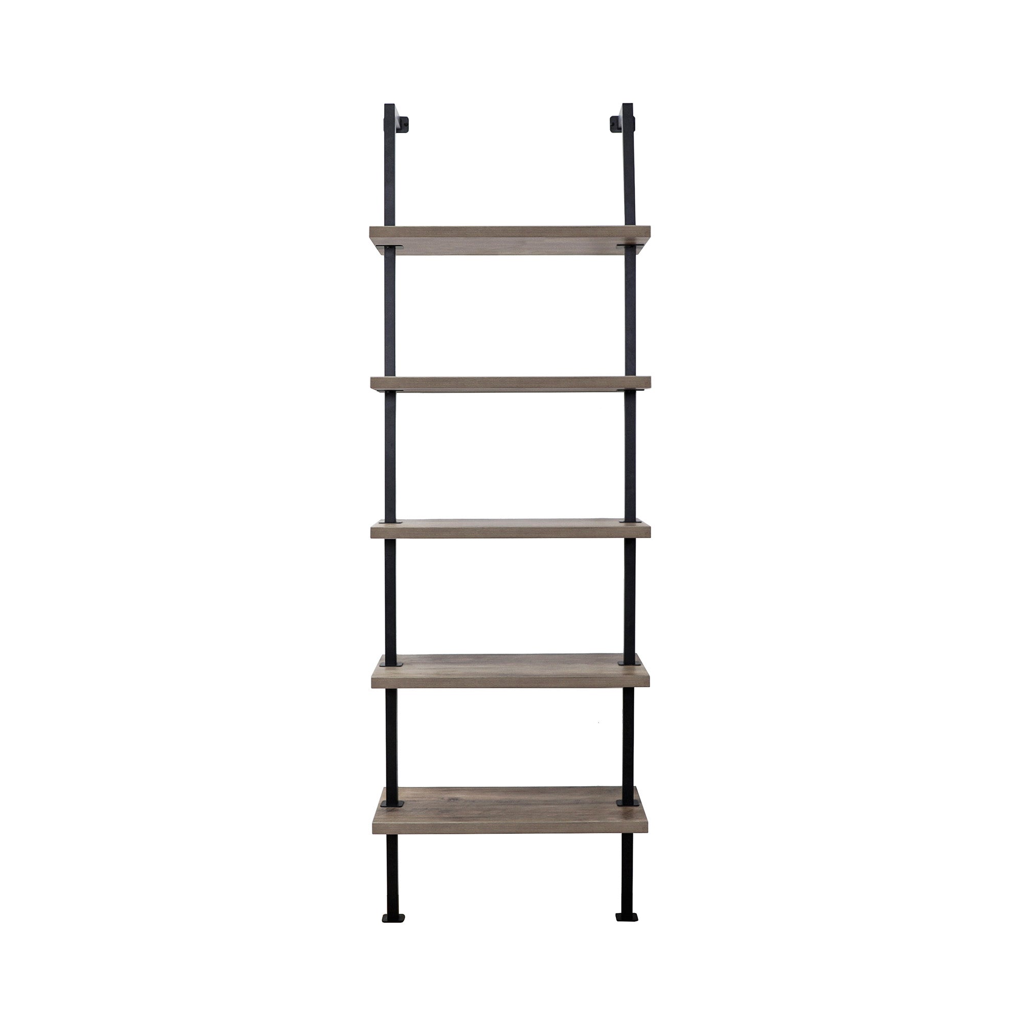 A wall-mounted shelving unit with five wooden shelves and black metal supports, viewed from the front against a white background.
