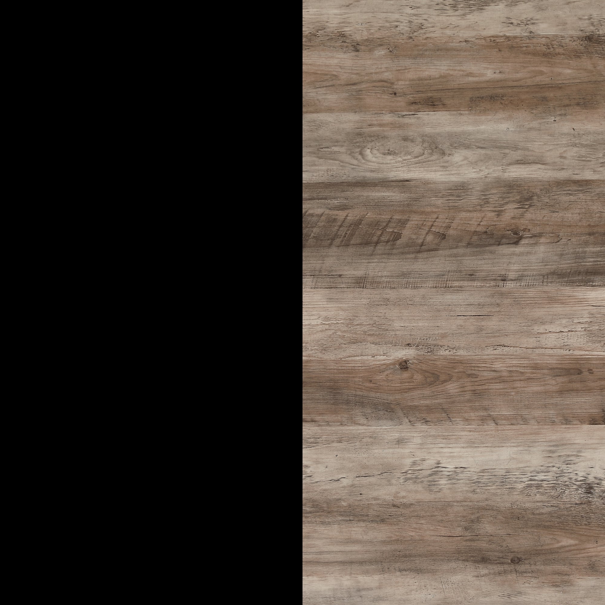 A vertical split image: the left half is solid black, while the right half shows a wooden surface with a light brown, weathered texture and visible grain patterns.