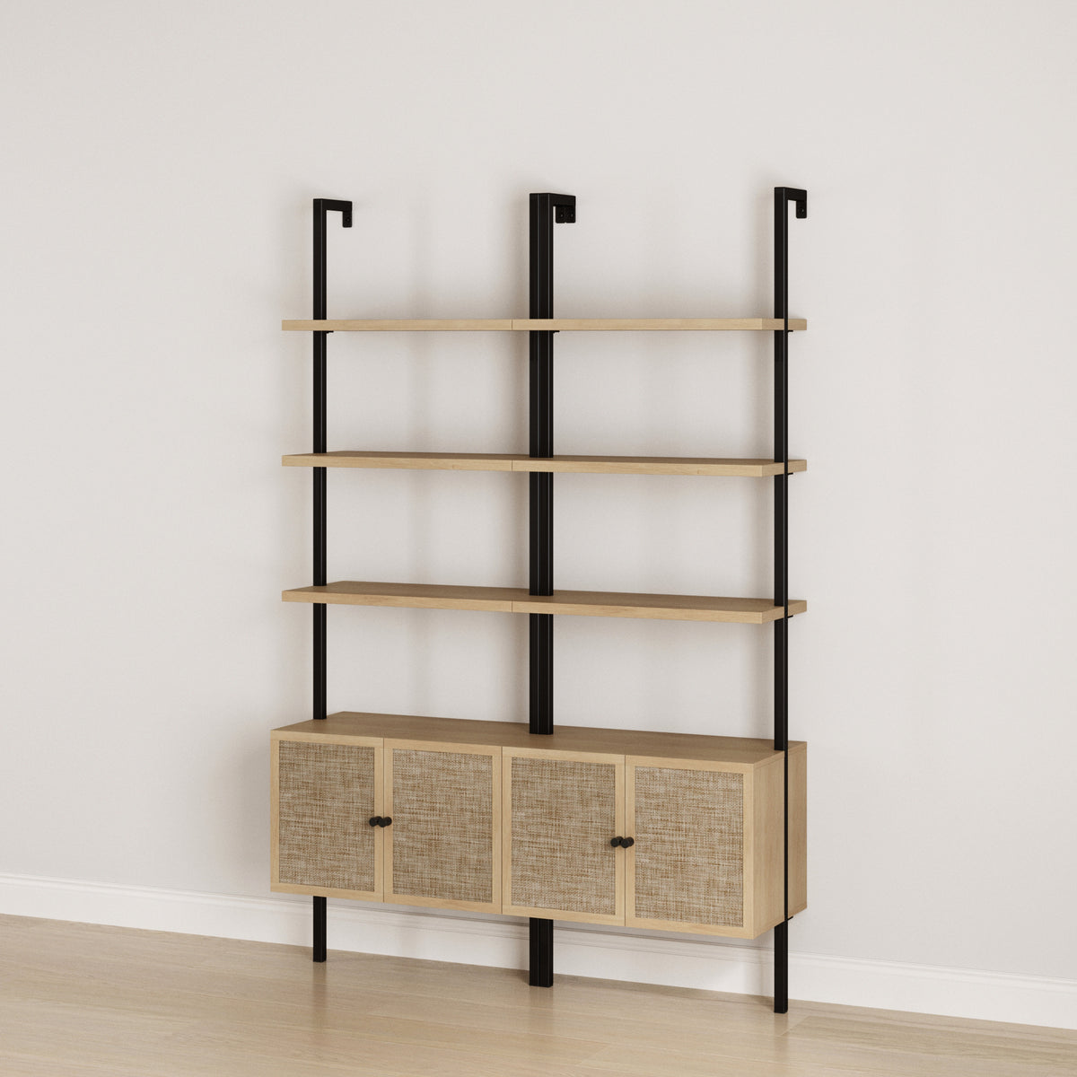 Rattan Ladder Wall Bookshelves with Doors Light Oak (Set of 2)