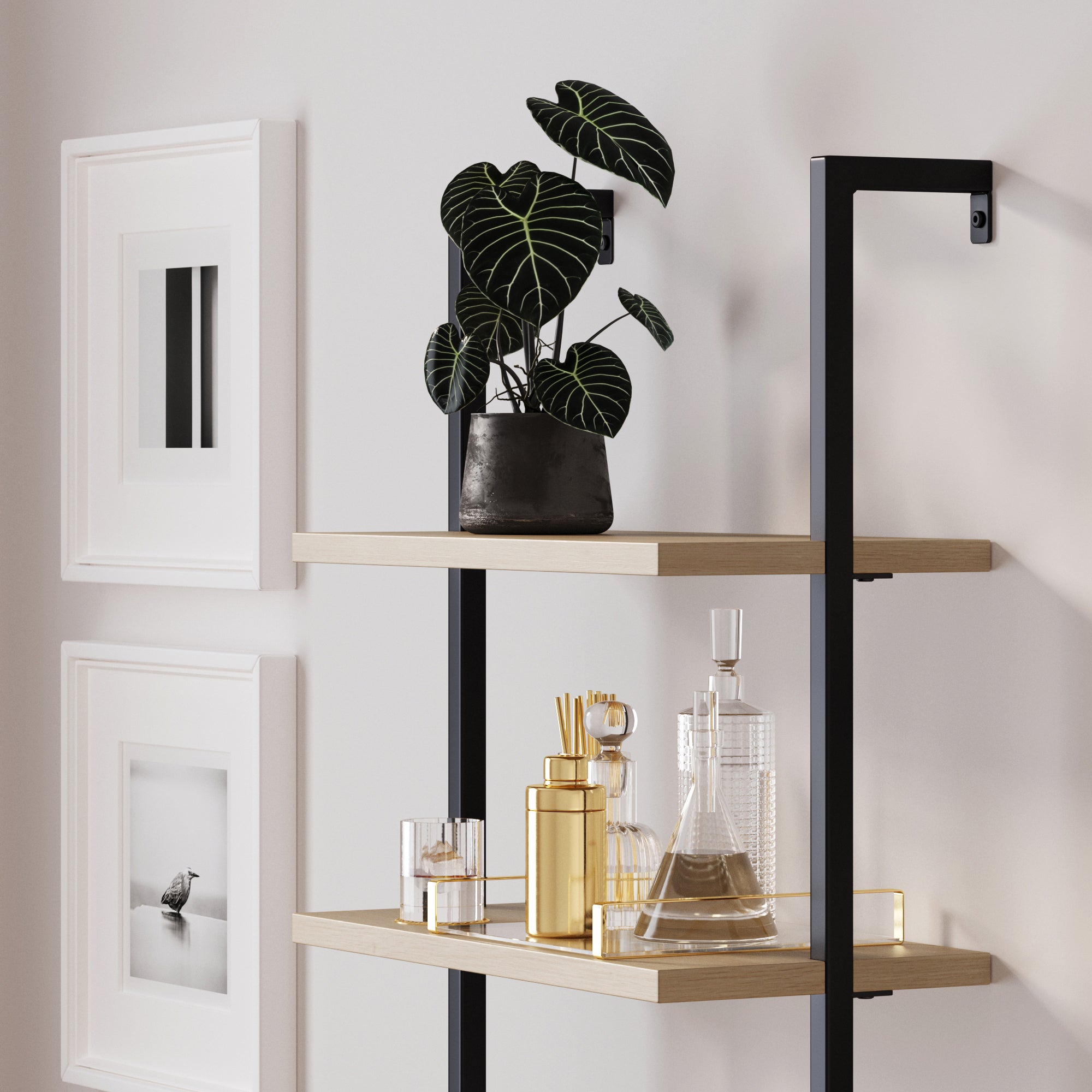 A modern wooden shelf with black supports holds glass decanters, gold barware, and a potted plant with dark green leaves. Two framed black-and-white photos hang on the light-colored wall beside the shelf.