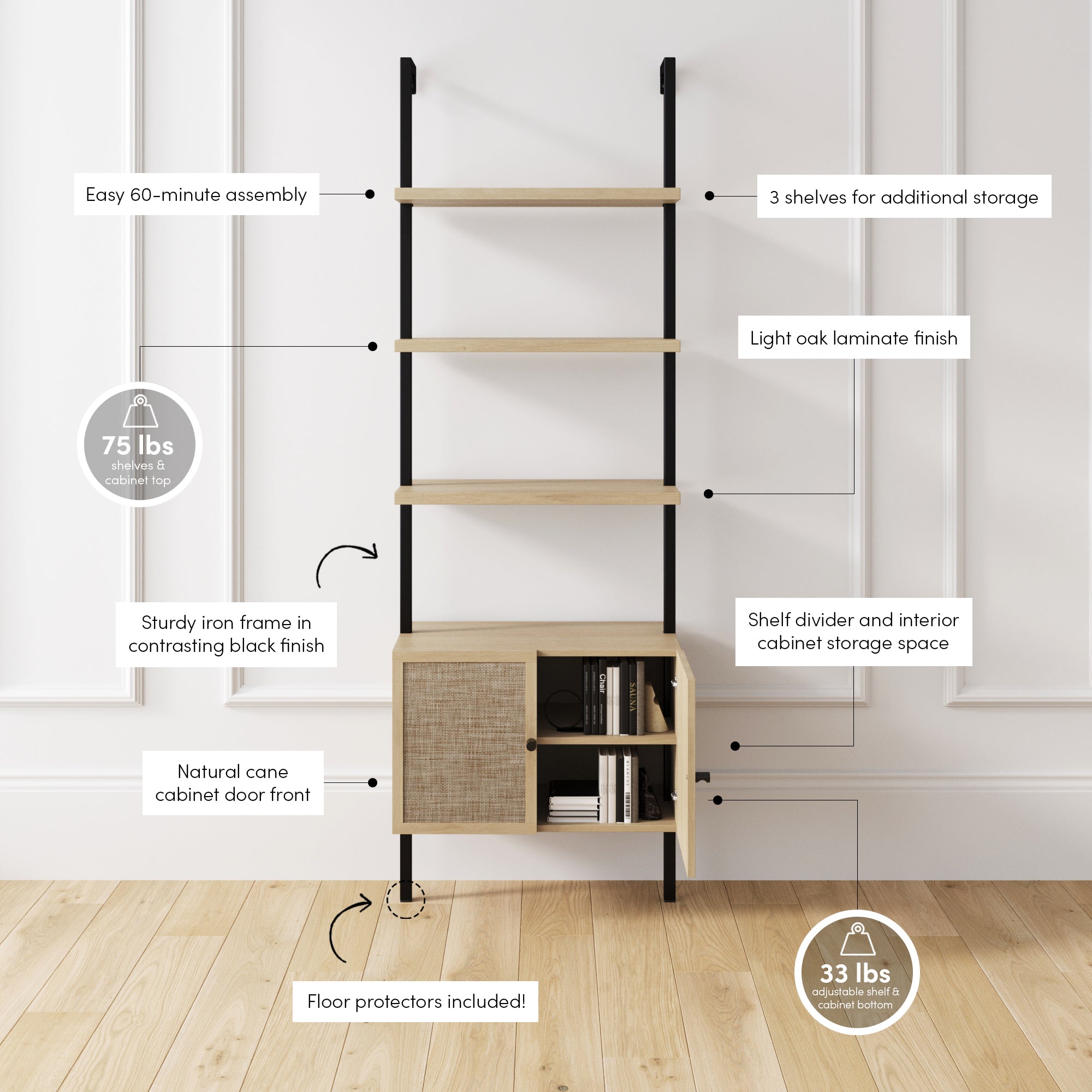 Modern shelving unit with black iron frame, three light wood shelves, and a cabinet with a natural cane door; features labeled with weight limits, storage options, and easy assembly. Shelves hold 75 lbs, cabinet holds 33 lbs.