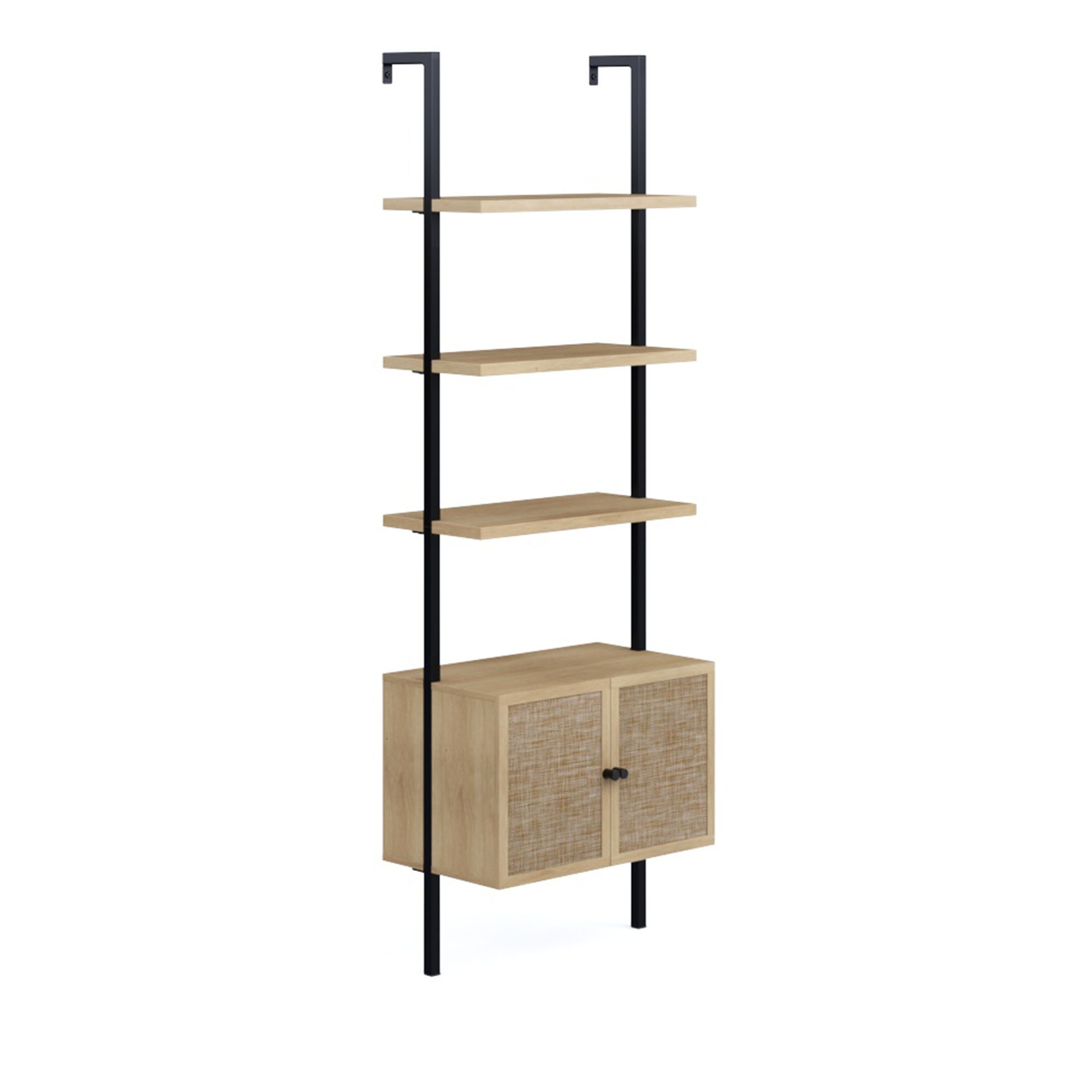 Modern shelving unit with three open wooden shelves and a closed cabinet at the bottom. The unit has black metal supports and a light wood finish, combining an industrial and minimalist design style.