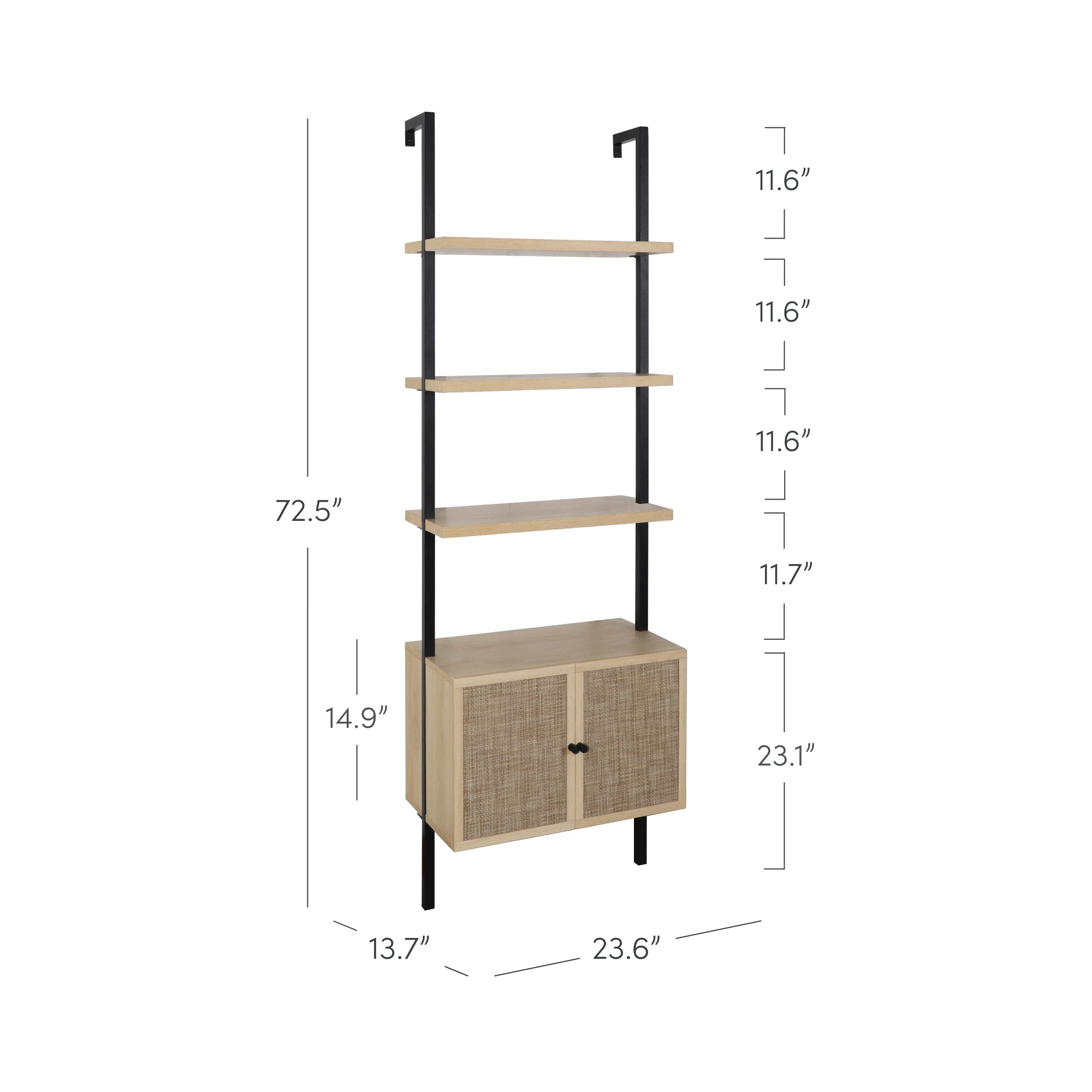 A modern shelving unit with black metal supports, three open wooden shelves, and a lower cabinet with double doors. Dimensions are labeled: 72.5 tall, 23.6 wide, and 13.7 deep, with shelf and cabinet heights shown.