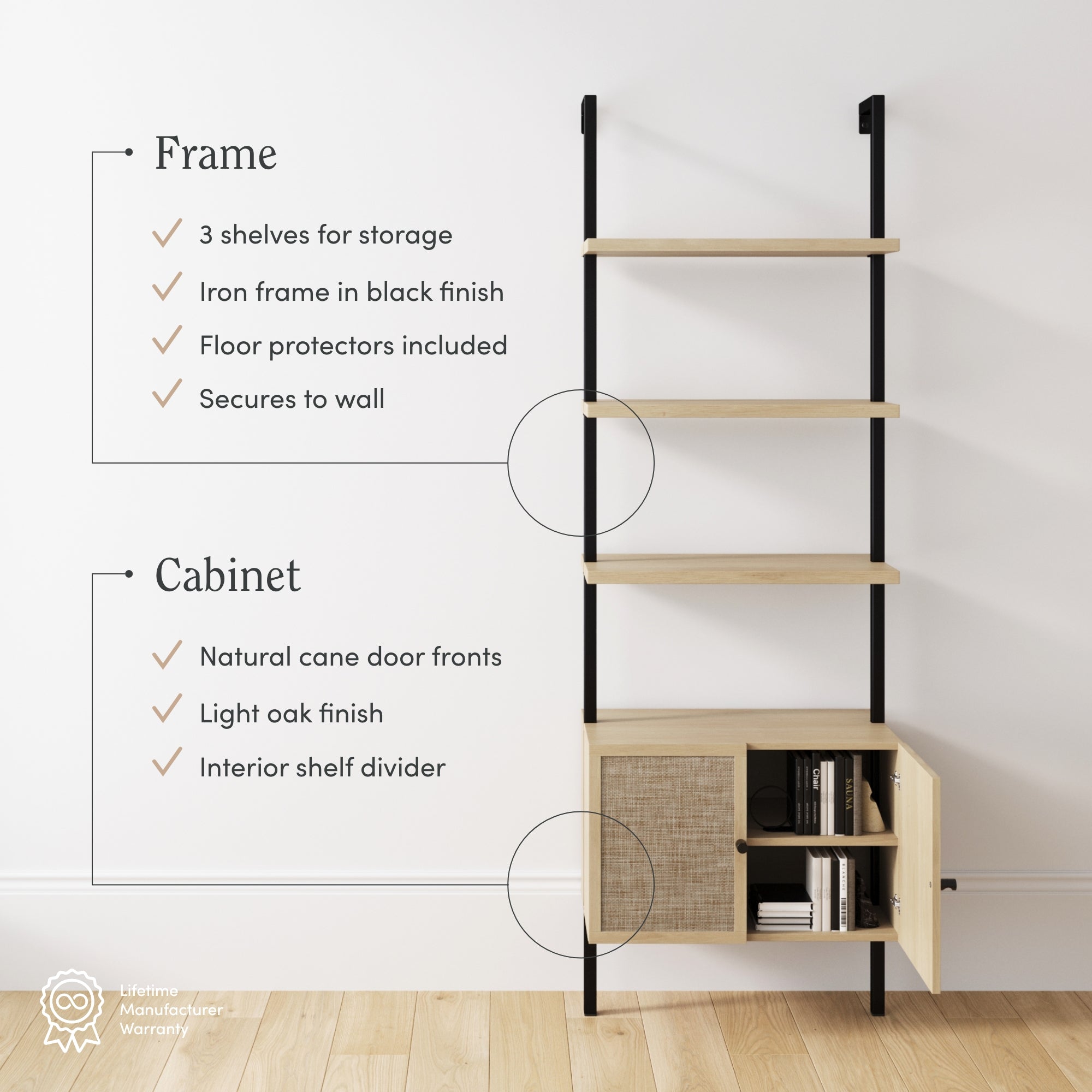 Modern shelving unit with three open light oak shelves, black iron frame, and a lower cabinet featuring natural cane doors, an interior divider, and adjustable feet. Text highlights frame and cabinet features.