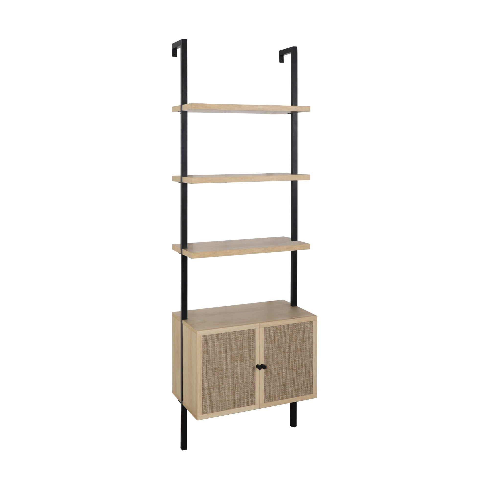 A modern wall-mounted shelving unit with black metal supports, three open wooden shelves, and a lower cabinet with woven rattan doors and black knobs.