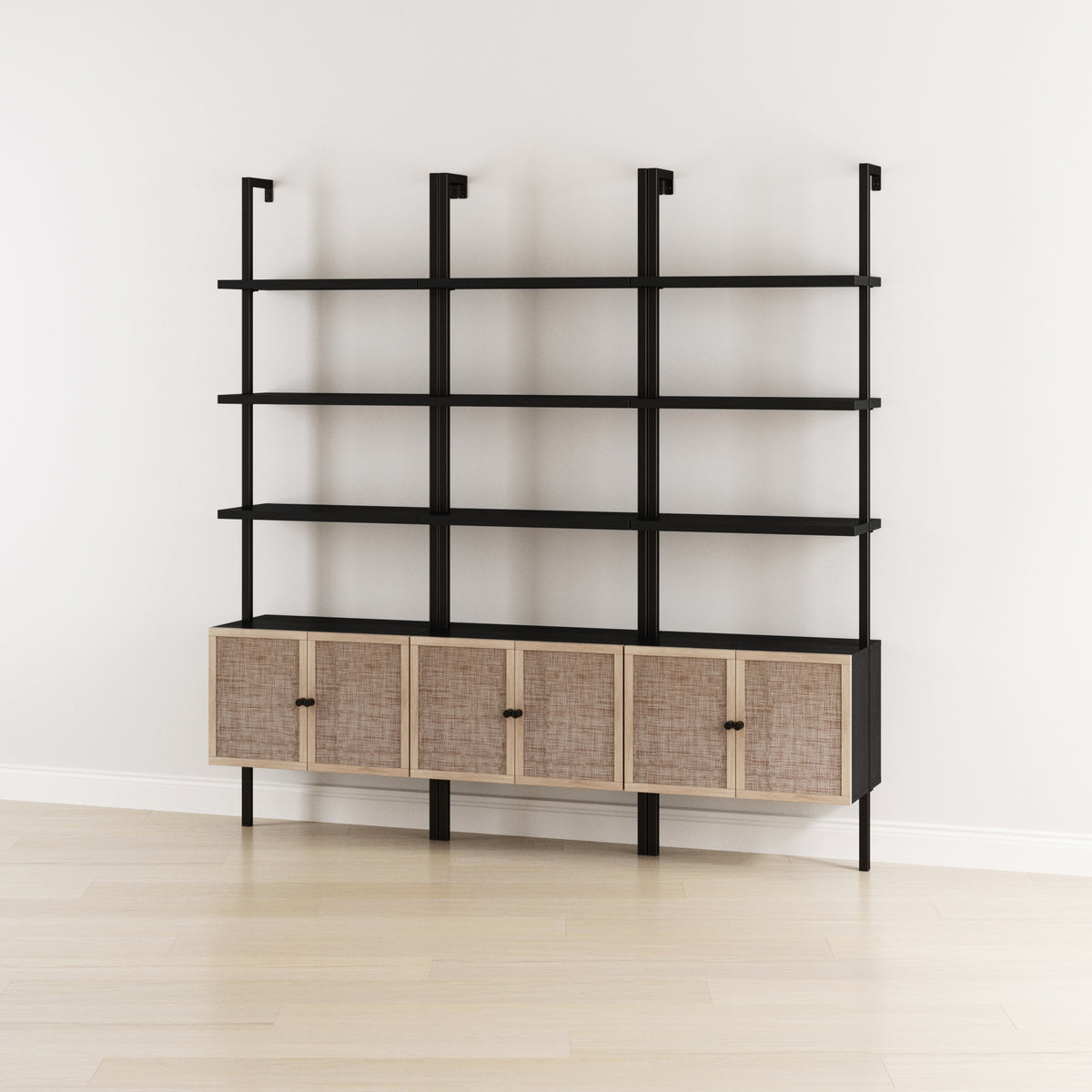 Rattan Ladder Wall Bookshelves with Doors Black (Set of 3) - Nathan James