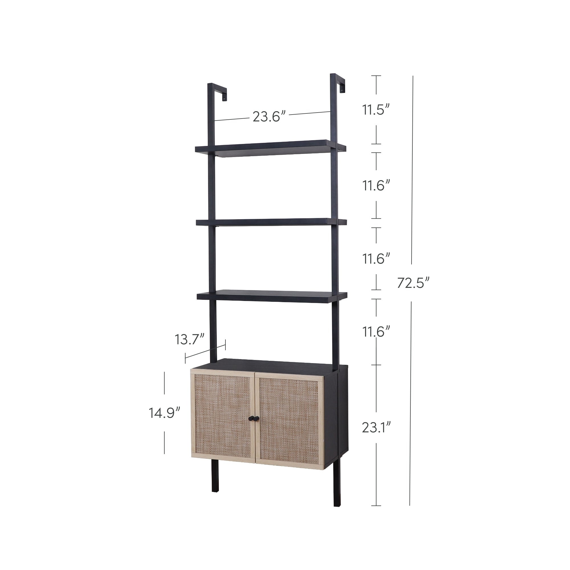 A black shelving unit with three open shelves above a cabinet with two light-colored woven doors; labeled measurements show shelf heights, total height of 72.5, and width of 23.6.