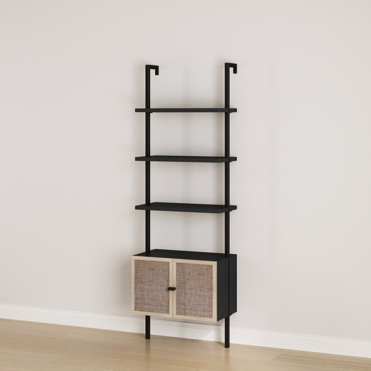Rattan Ladder Storage Bookshelf with Doors Black