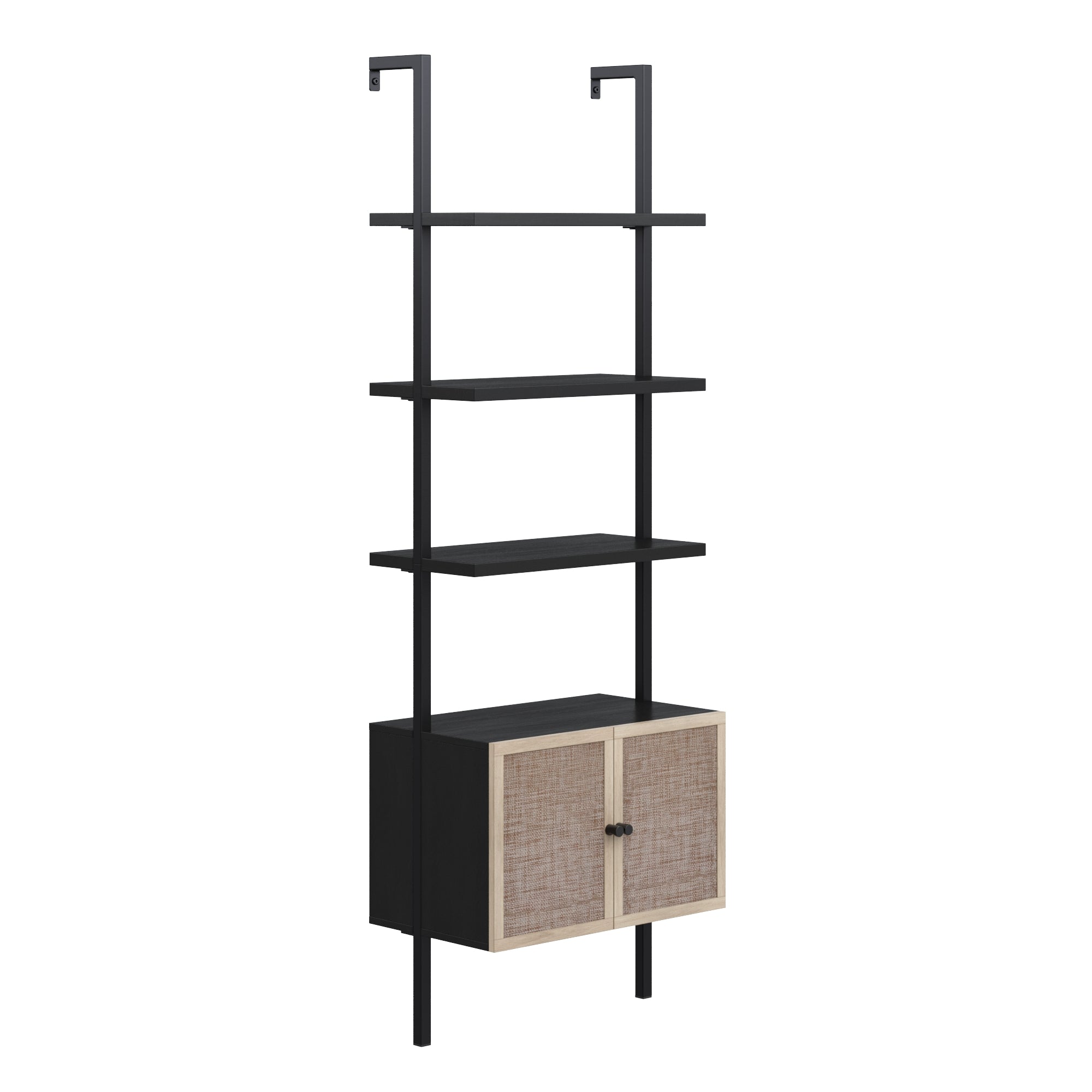 A modern, black metal shelving unit with three open shelves and a lower cabinet featuring two light wood doors with woven cane panels, designed to be mounted to a wall.