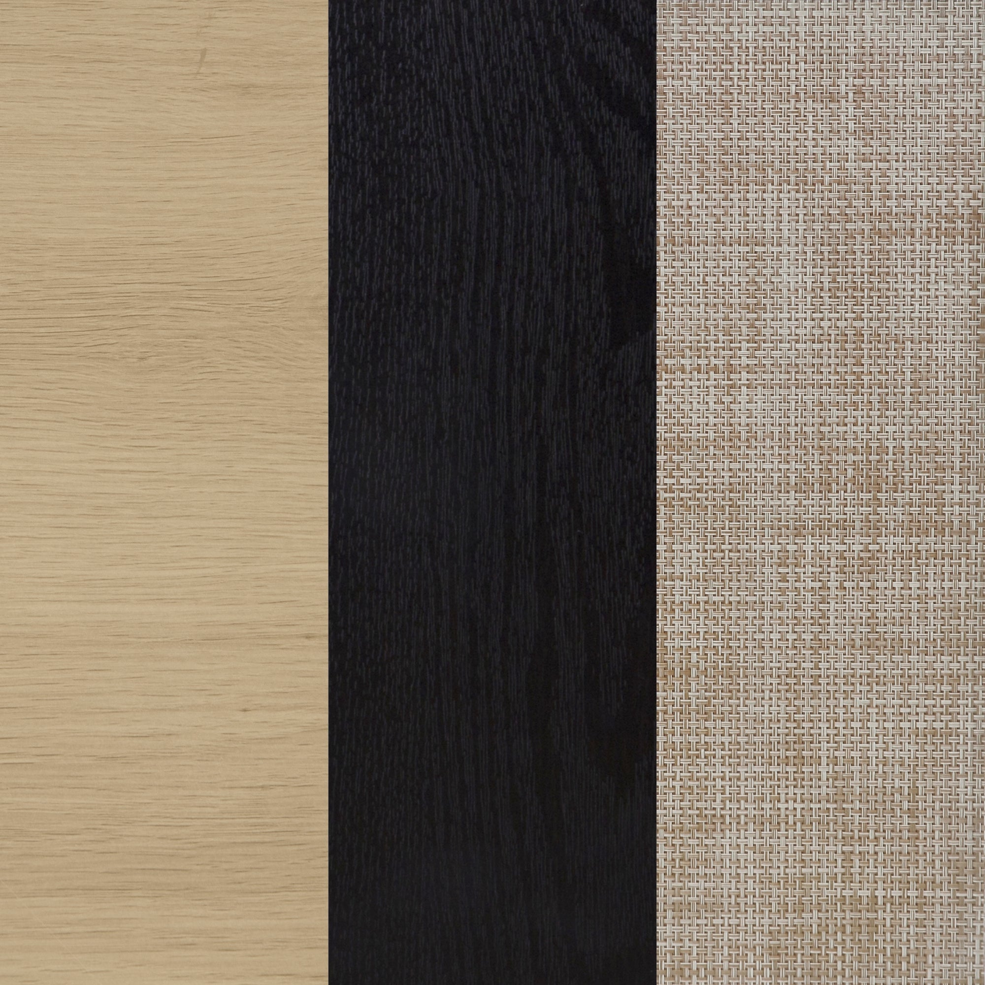 Three vertical panels side by side: light wood grain on the left, dark black wood grain in the center, and beige textured fabric with a grid pattern on the right.