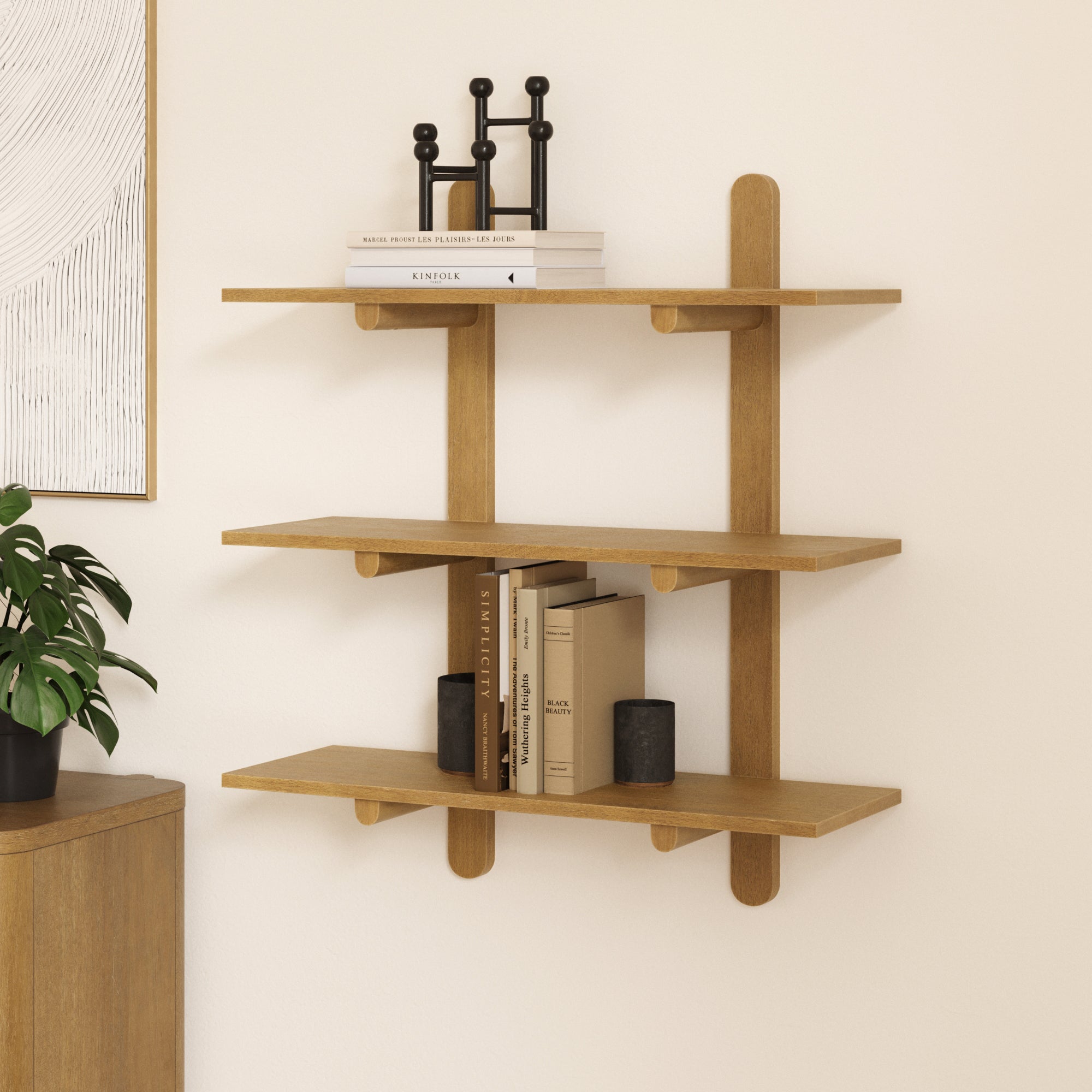 Mid Century Modern 3-Tier Wall Mounted Wood Shelf Light Brown