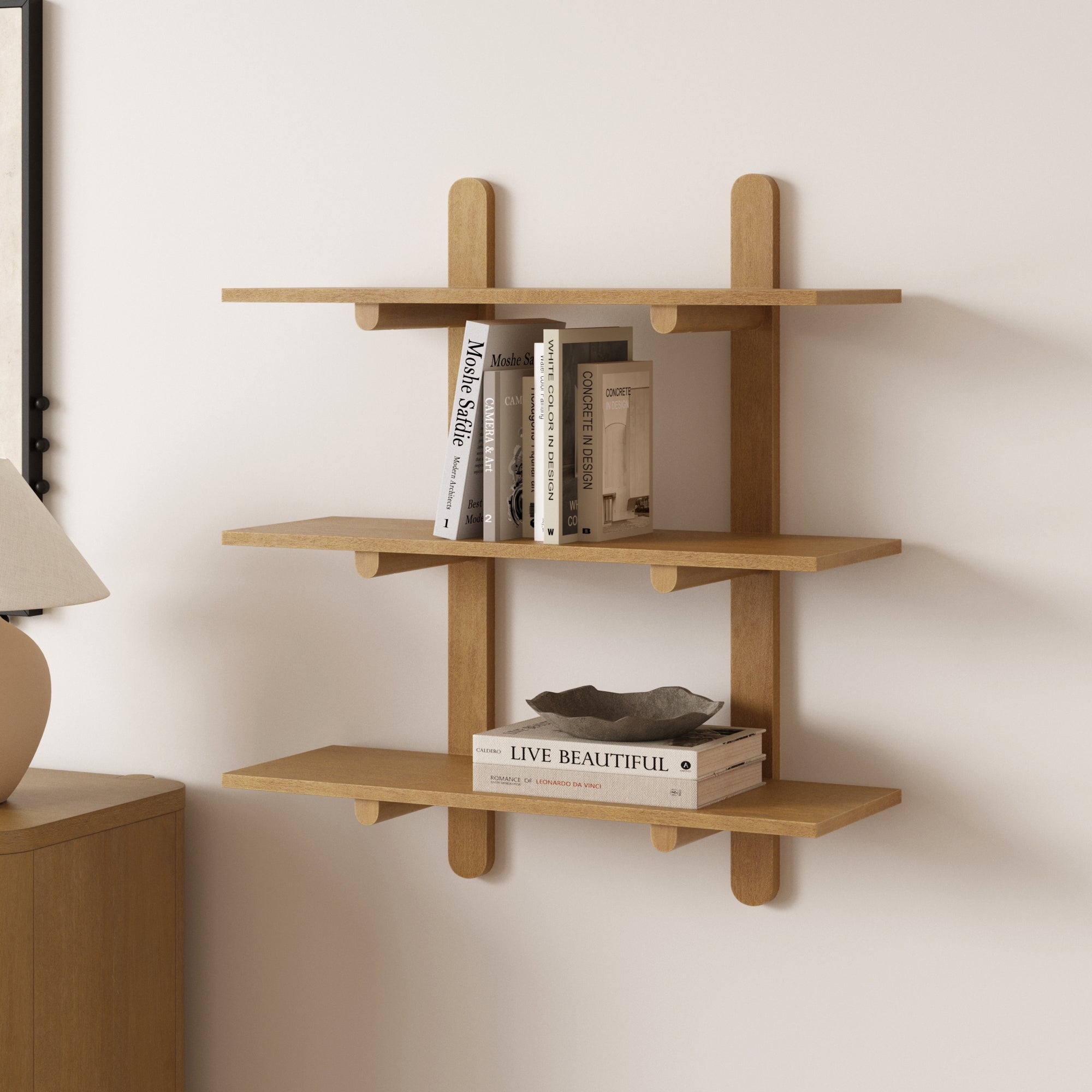 Frankie Wall Shelf Wood 3-Tier Mid-Century Light Brown | Nathan James