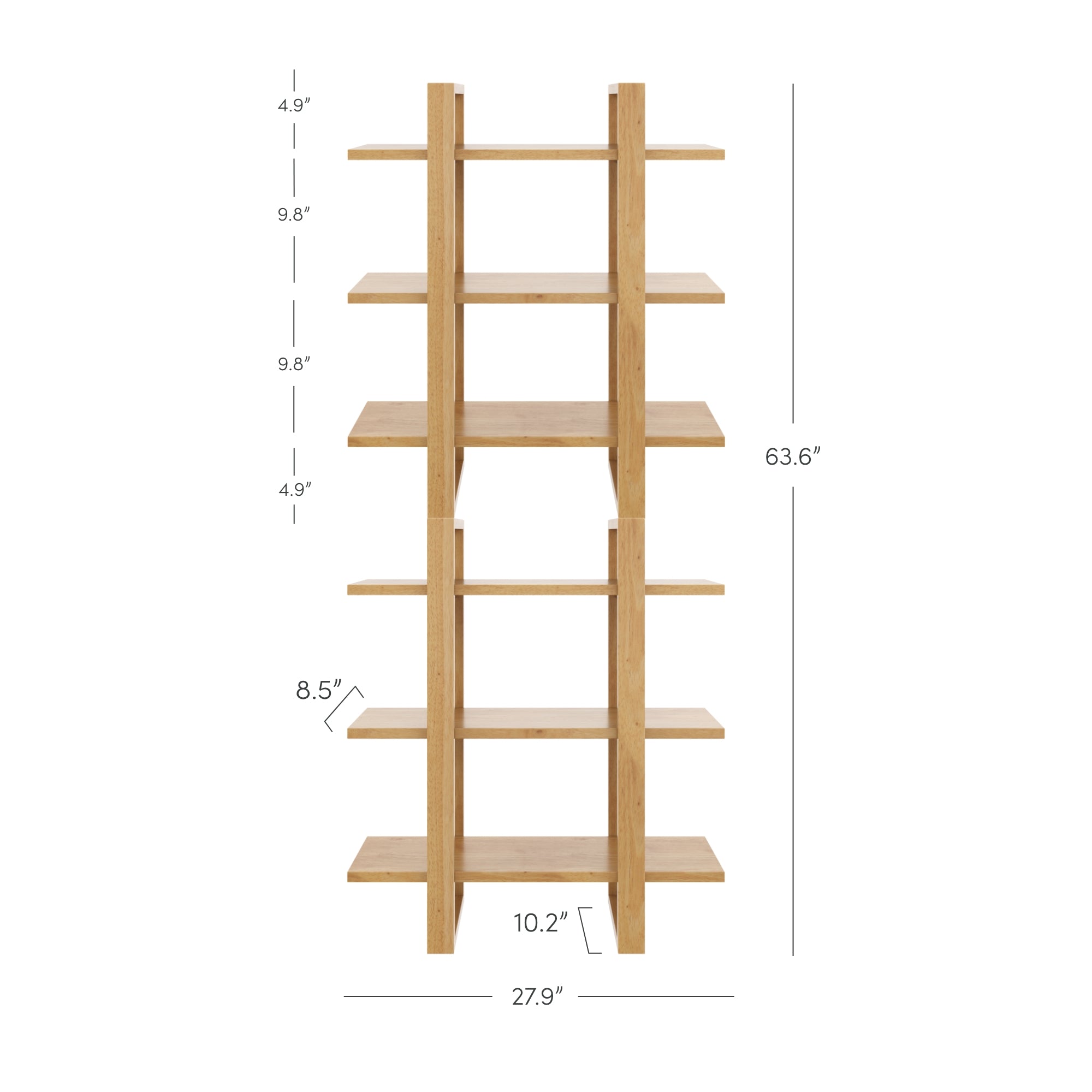 Front view of a wooden shelving unit with six shelves, displaying dimensions: 63.6 inches tall, 27.9 inches wide, 10.2 inches deep, 9.8 inches between most shelves, 4.9 inches at the top, and 8.5 inches at the bottom.