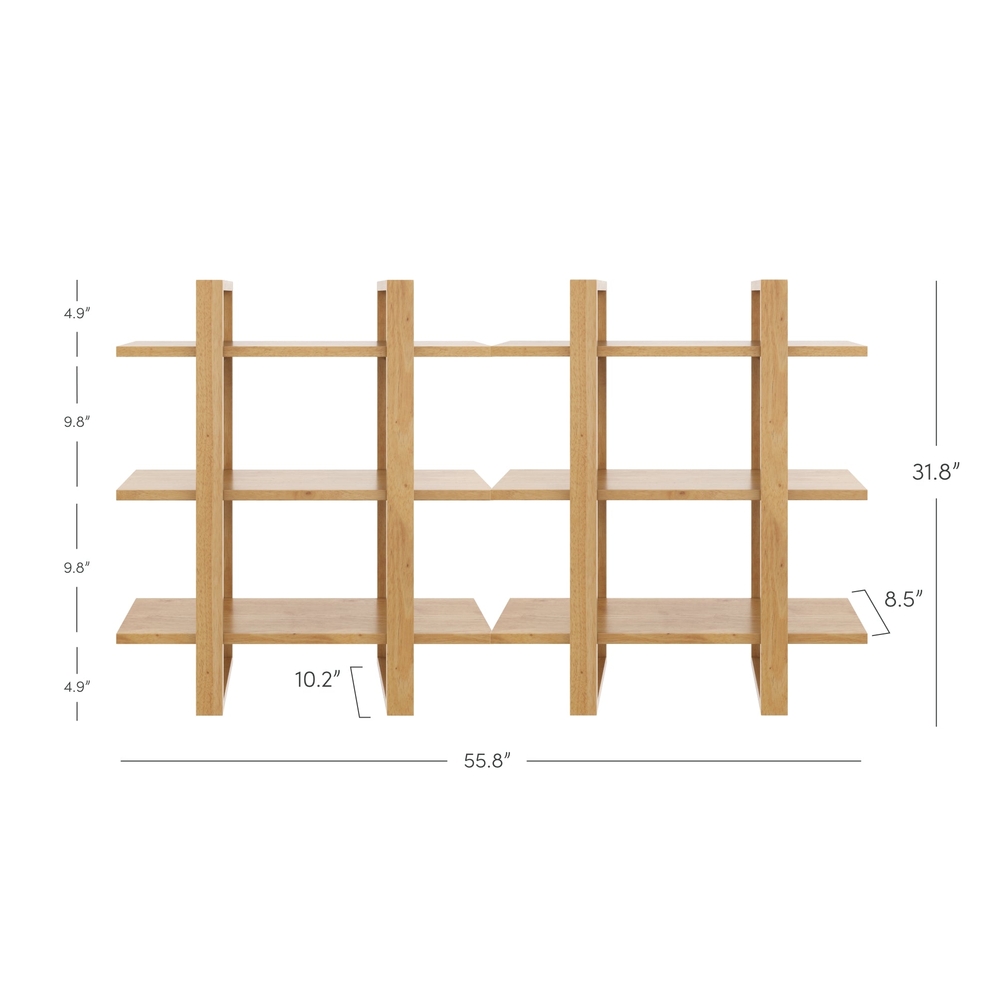 Wooden bookshelf with a grid-like design, featuring six horizontal shelves and vertical dividers. Dimensions and shelf measurements are labeled, with the total width of 55.8 inches and height of 31.8 inches.