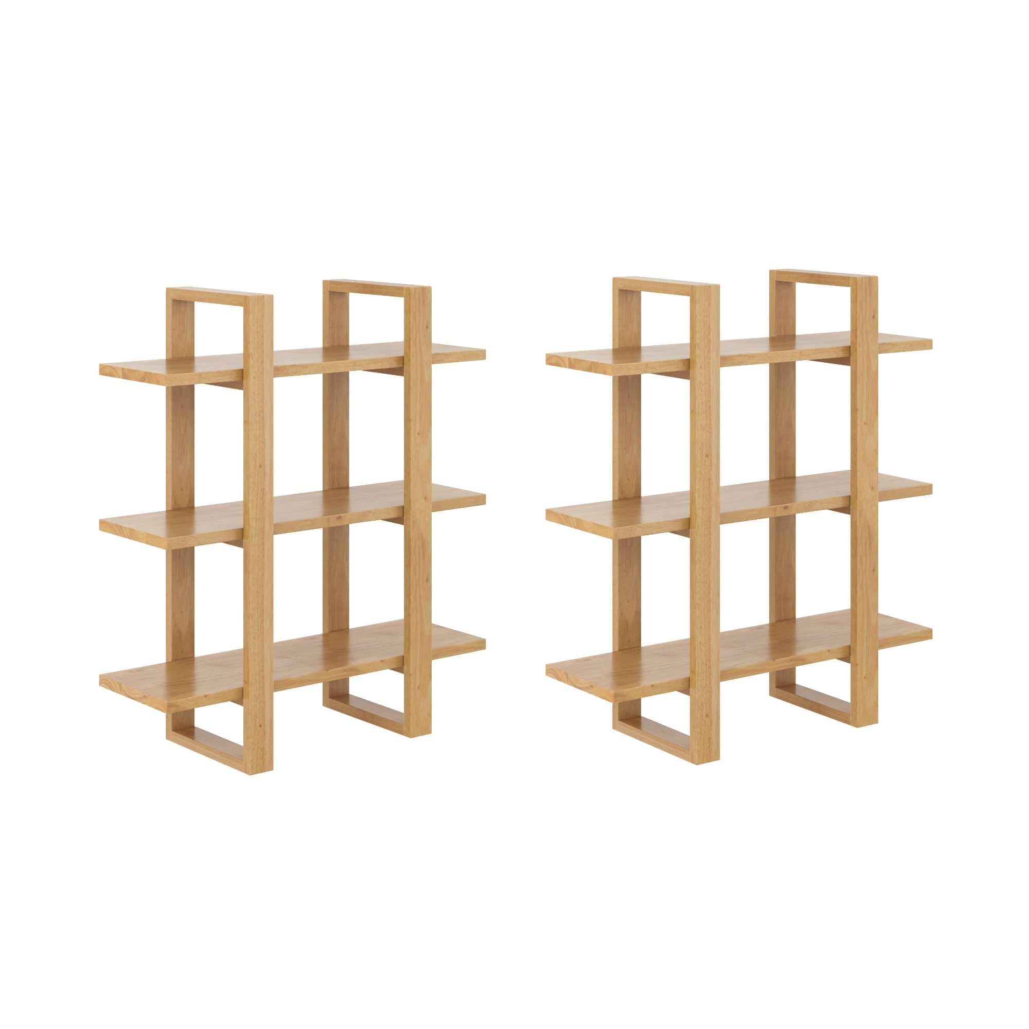 Two identical wooden three-tier bookshelves with a modern, open-frame design, each featuring three shelves and vertical supports, placed side by side against a white background.