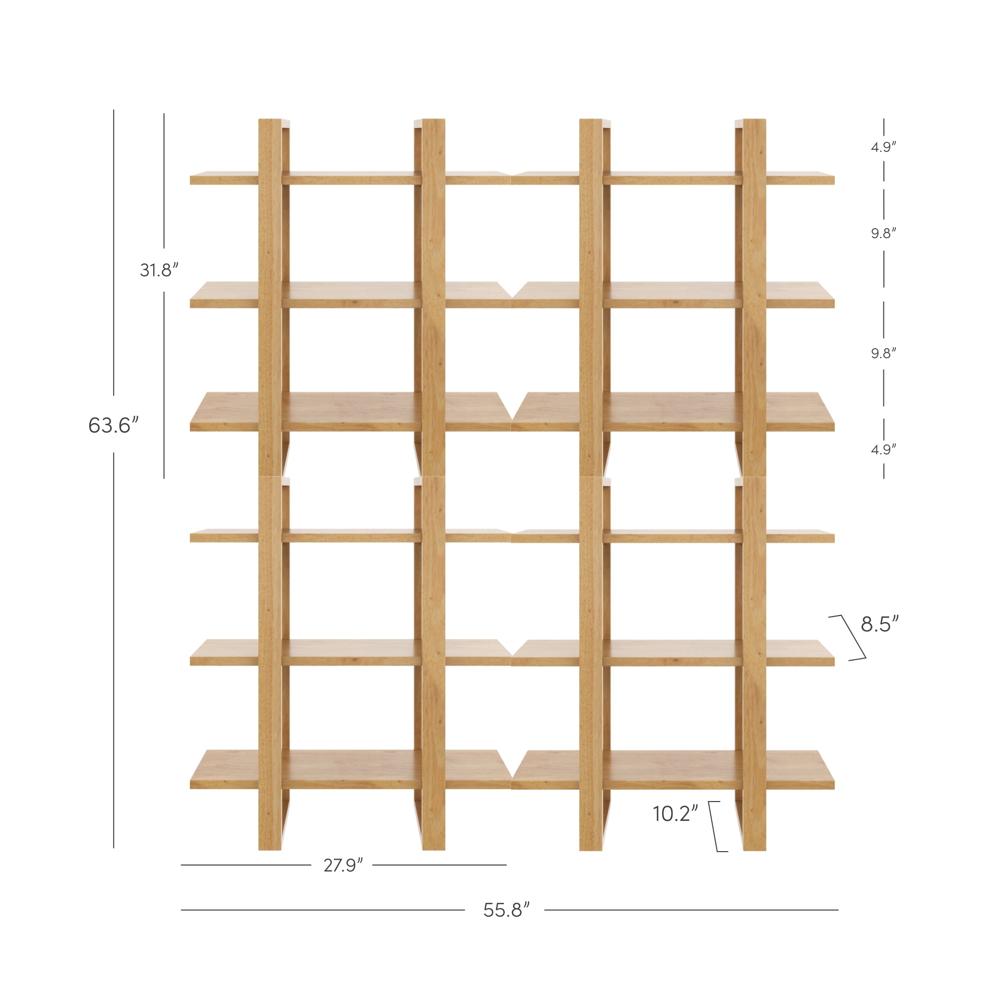 A wooden bookshelf with a grid design, four rows by three columns. Overall height is 63.6 inches, width is 55.8 inches. Shelf heights are 9.8 and 4.9 inches, with shelf depths of 10.2 and 8.5 inches.
