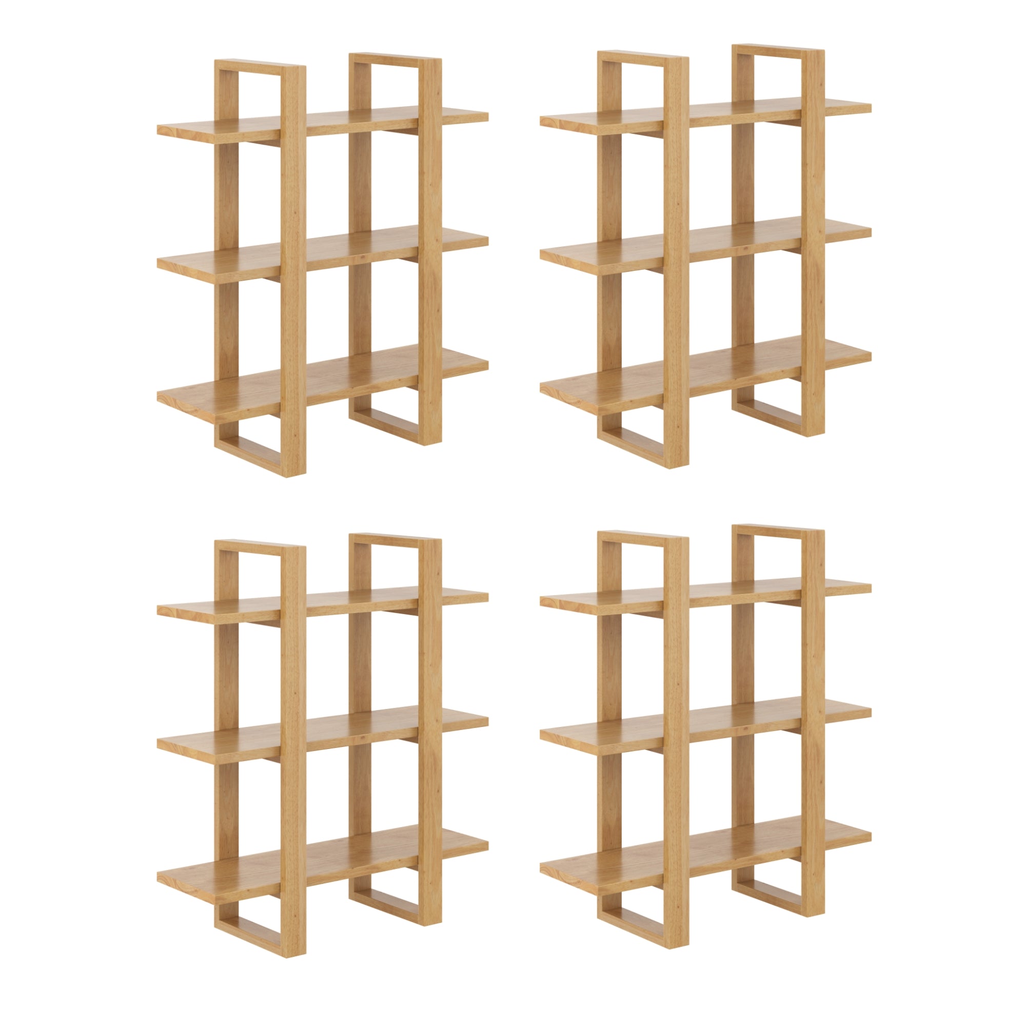 Four identical wooden shelving units with three shelves each, arranged in a grid pattern on a white background. The shelves have a modern, open-frame design with vertical and horizontal supports.