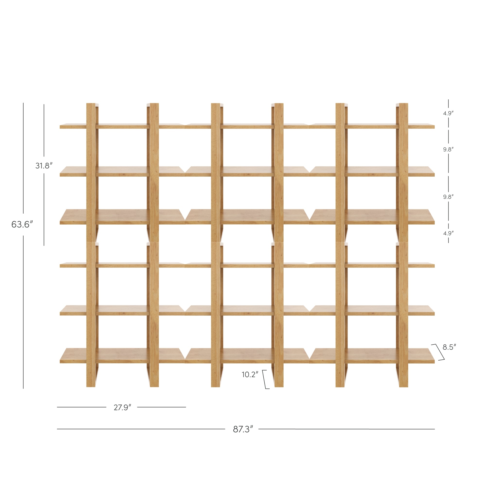 A large wooden bookshelf with four columns and five rows of open shelves. Dimensions are labeled: 63.6 tall, 87.3 wide, 27.9 per column, with various shelf heights ranging from 8.5 to 9.4.