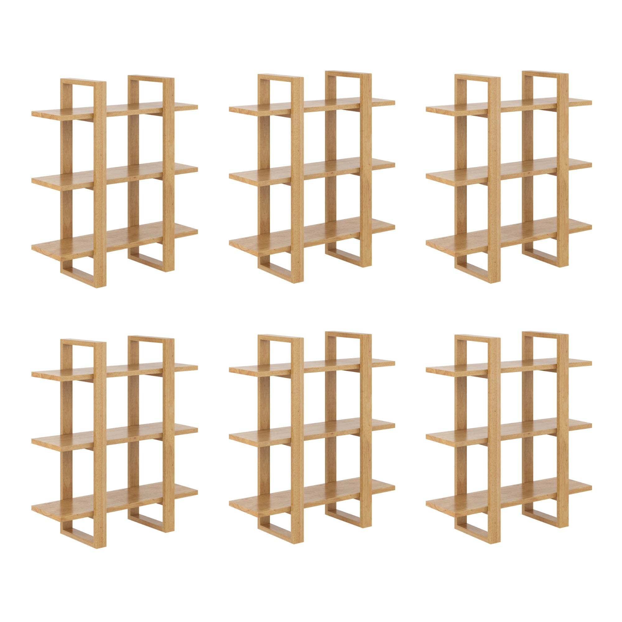 Six identical wooden shelving units with three shelves each, arranged in two rows of three against a white background. The shelves have an open, modern design with rectangular frames.