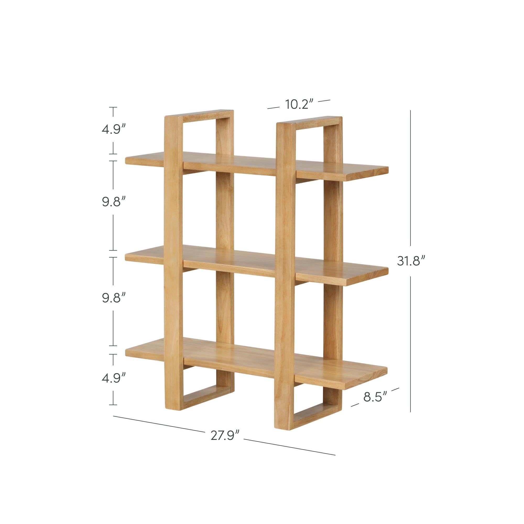 A wooden open bookshelf with three shelves and rectangular side supports. Dimensions are labeled: height 31.8, width 27.9, depth 10.2 (top), 8.5 (bottom), shelf height 9.8, and 4.9 from top and bottom.