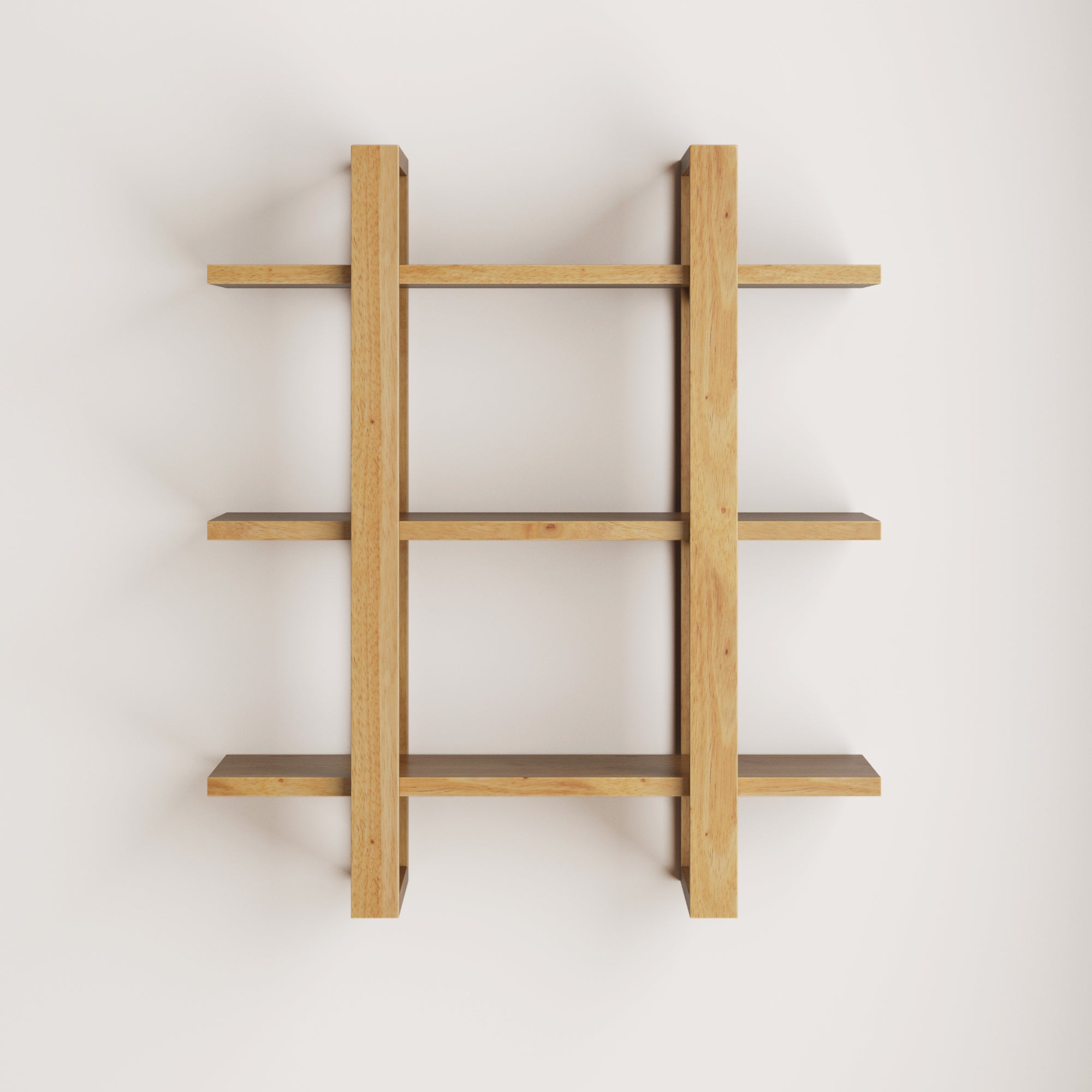 The Nathan James Solid Wood Adjustable Wall Shelf in Warm Pine is a modern modular bookcase with a grid design featuring nine compartments, created by three horizontal and three vertical sections, and mounts easily against your wall.