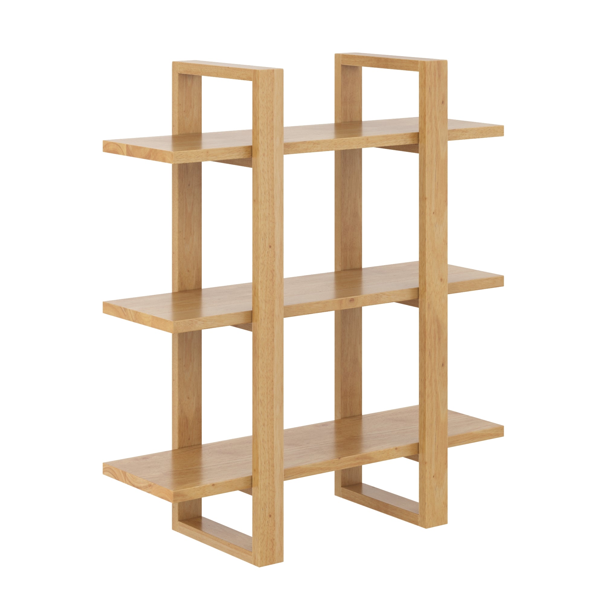 A modern wooden bookshelf with three rectangular shelves and an open, geometric frame design, featuring vertical supports and a light natural wood finish.