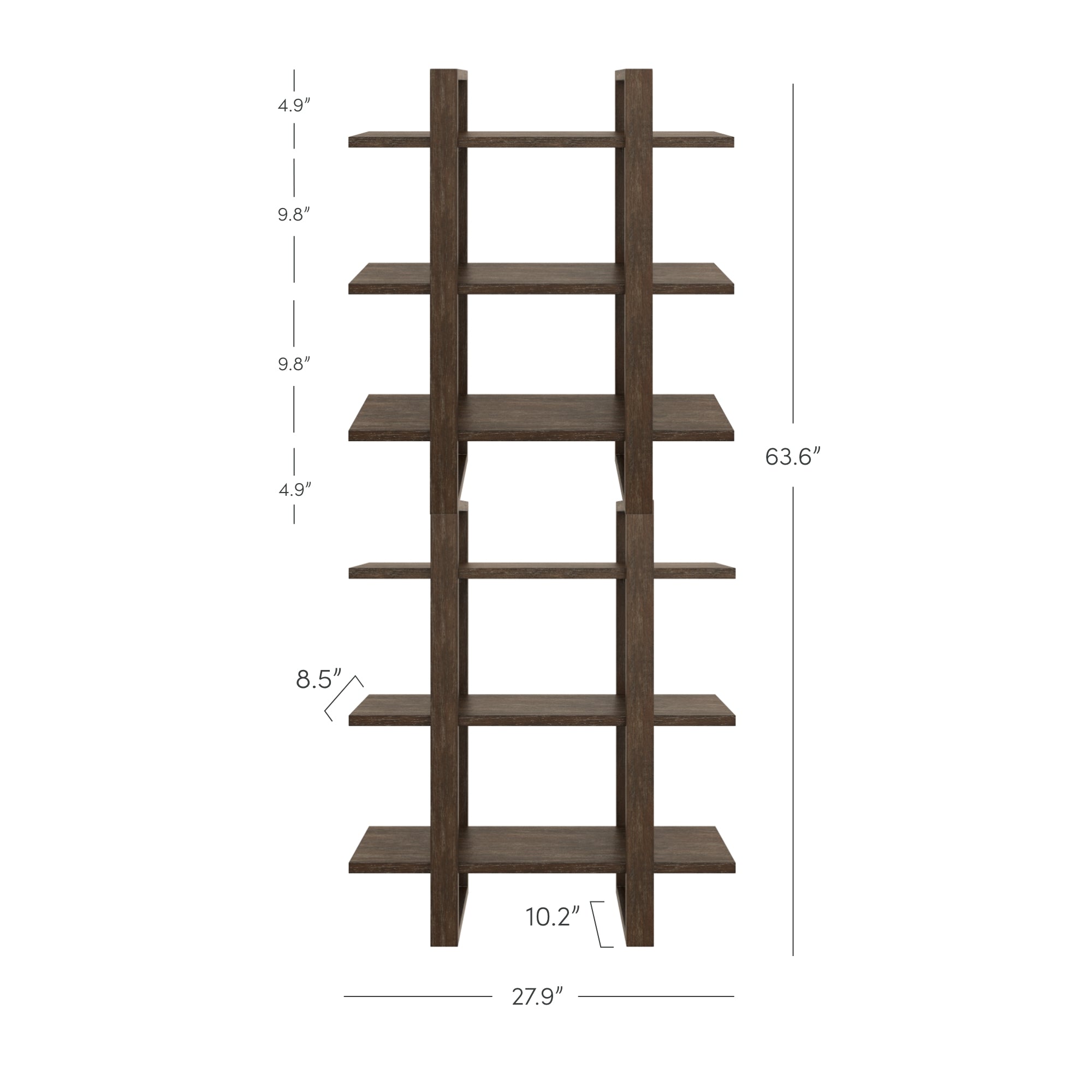 Front view of a dark brown wooden bookshelf with five shelves, vertical dividers, and labeled dimensions: 63.6 tall, 27.9 wide, and various shelf heights and depths indicated.