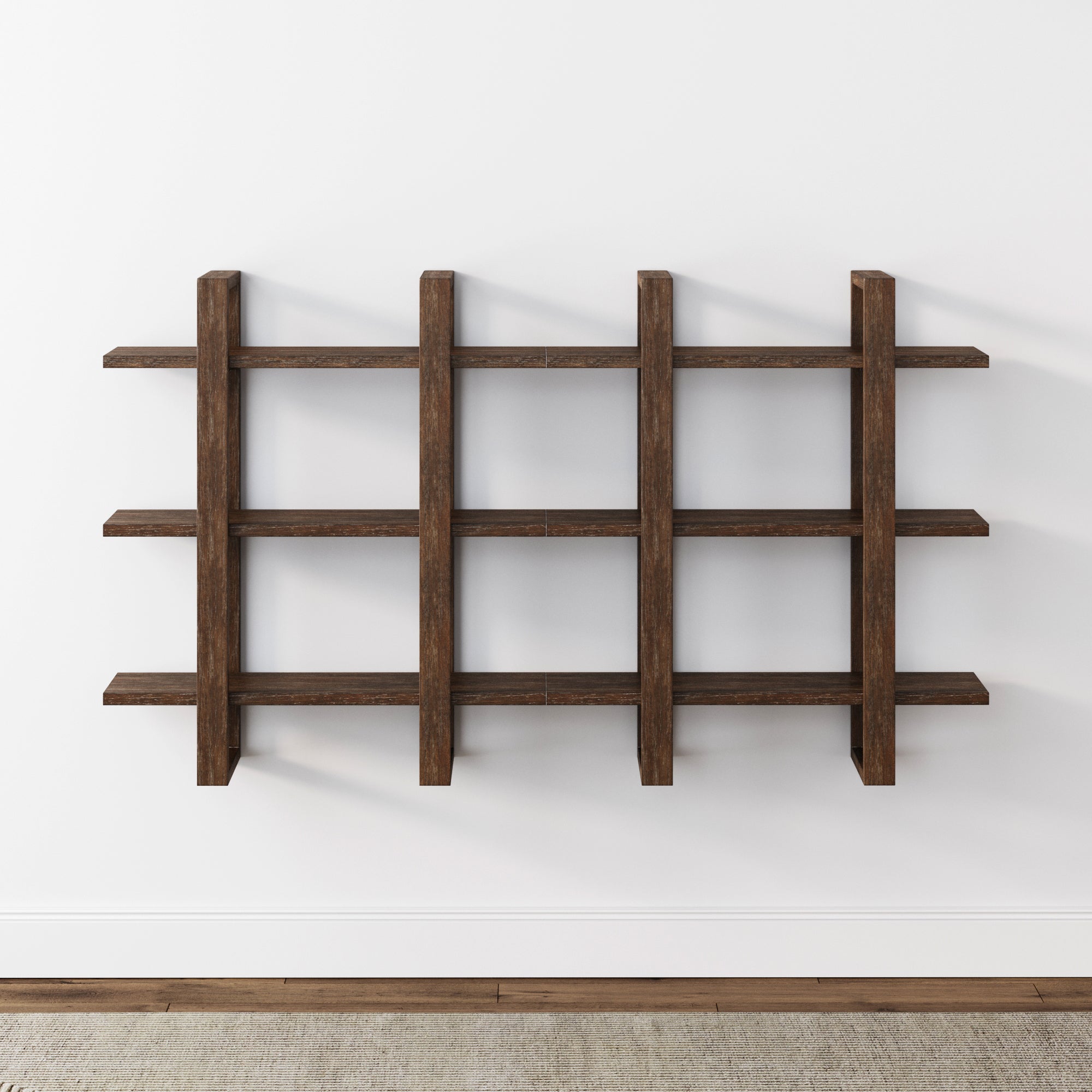 Nathan James Solid Wood Wall Shelves in dark brown (set of 2) are wall-mounted above a light-colored carpet, creating a modern display against a white wall.