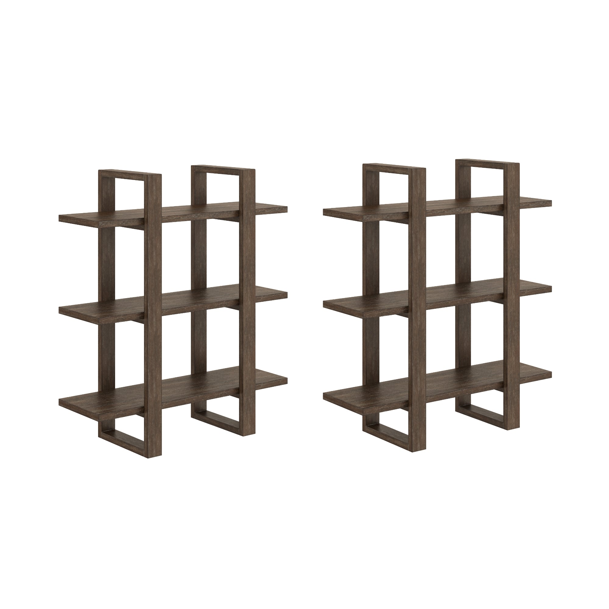 Two identical modern wooden bookshelves with three shelves each, featuring an open rectangular frame design and a dark brown finish, positioned side by side on a white background.