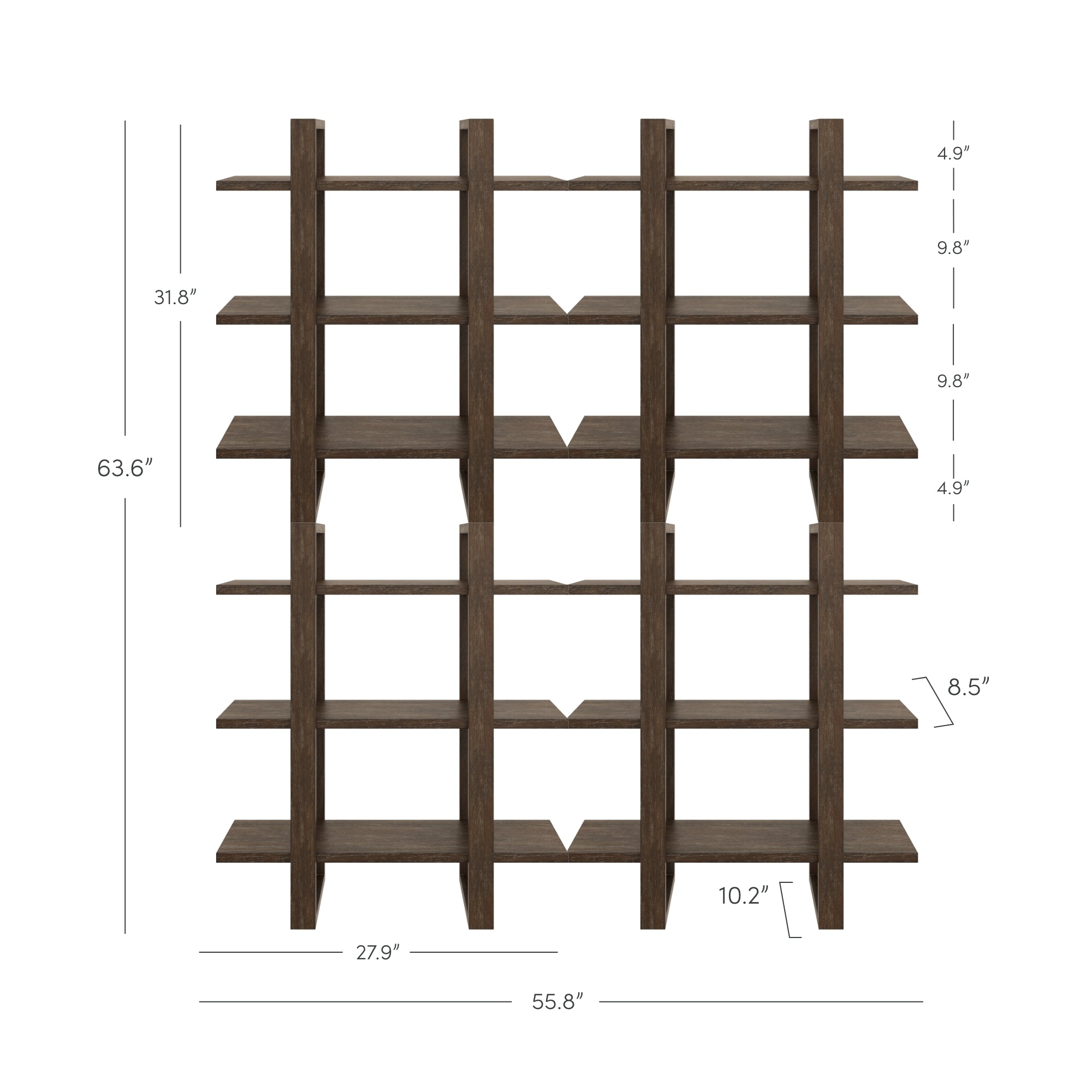 Dark wood bookshelf with a grid of open shelves, featuring measurements: height 63.6, width 55.8, shelf width 27.9, depth 10.2, and various shelf heights between 4.9 and 9.8.