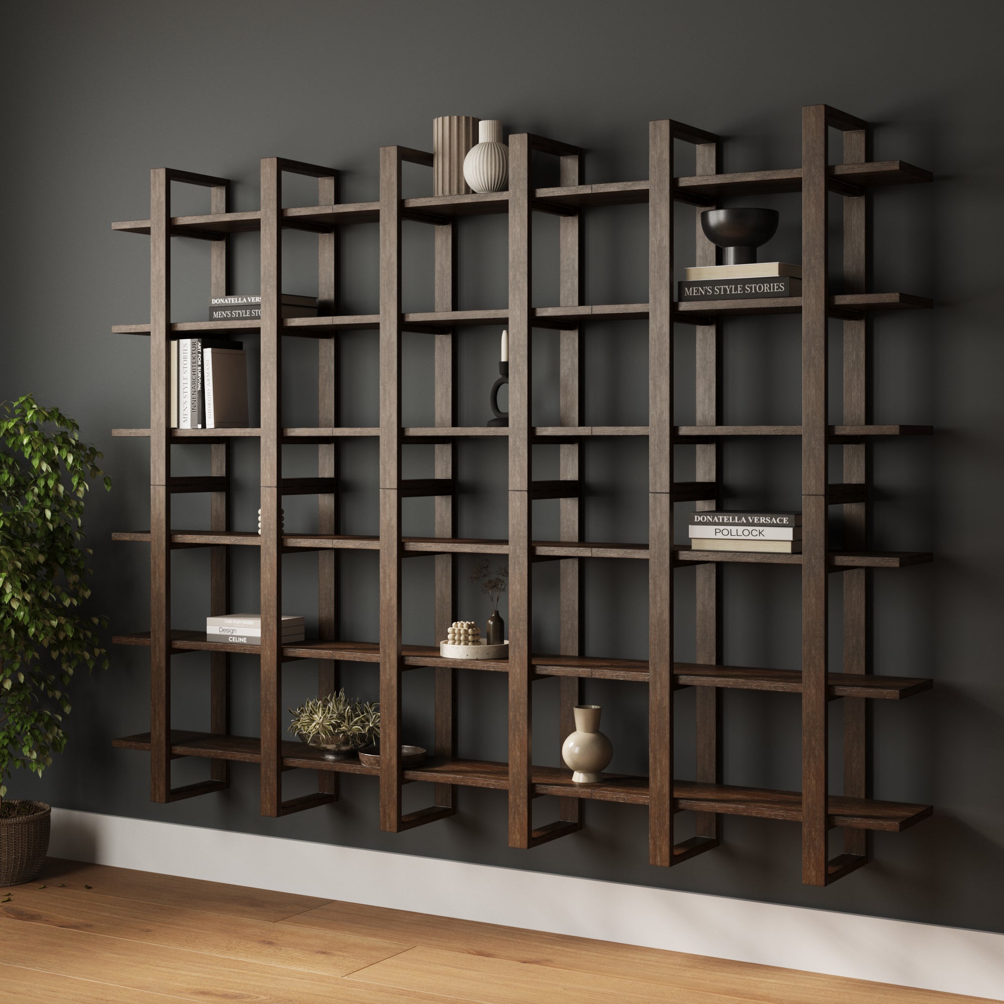 The Nathan James Solid Wood Wall Shelves Dark Brown (Set of 6) feature an open grid design for displaying books, vases, and decor. A potted plant sits on the floor nearby, all set against a dark gray wall.