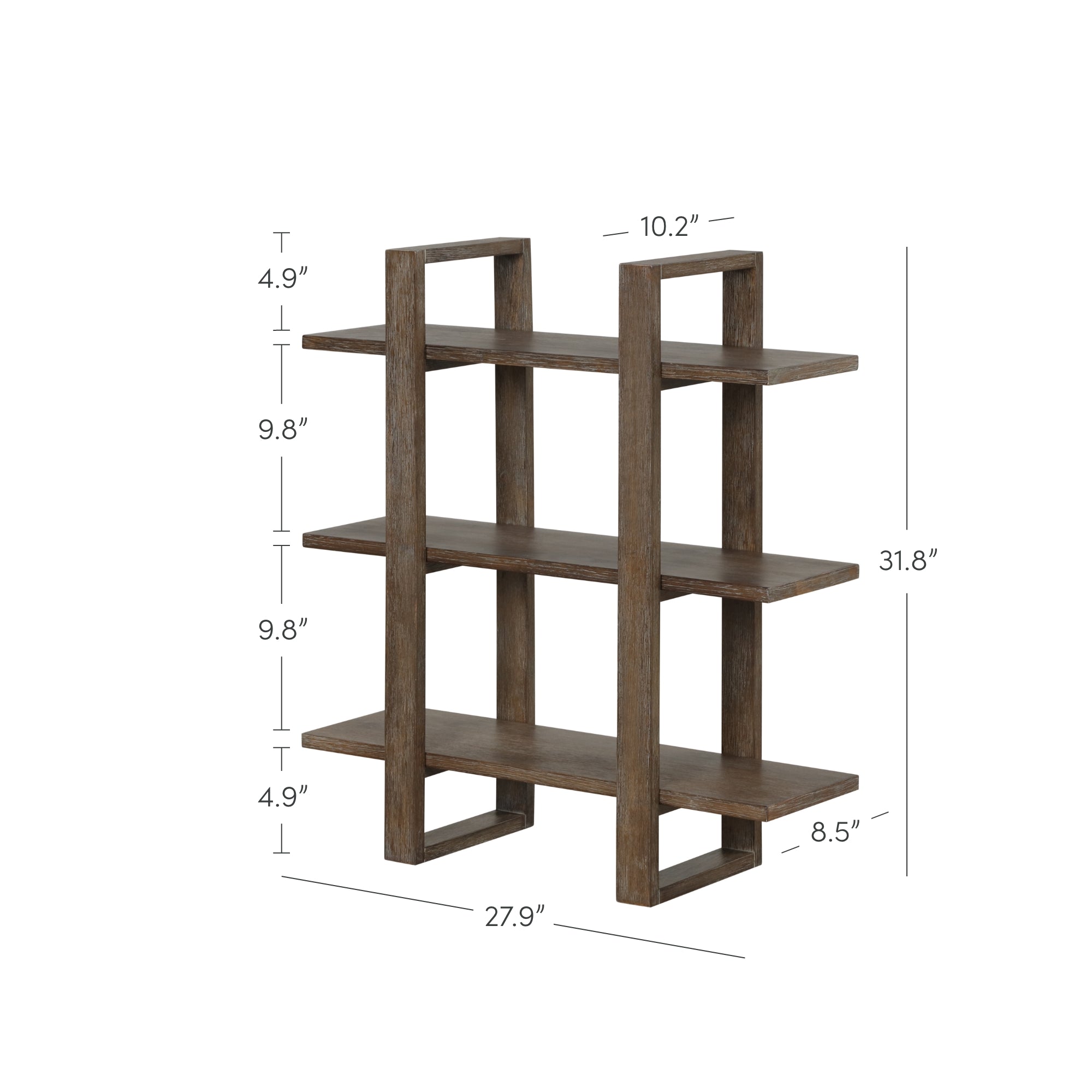 A three-tier wooden bookshelf with staggered vertical supports, measuring 31.8 high, 27.9 wide, and 8.5 deep. Shelf heights are 9.8 and 4.9, and shelf depth is 10.2.