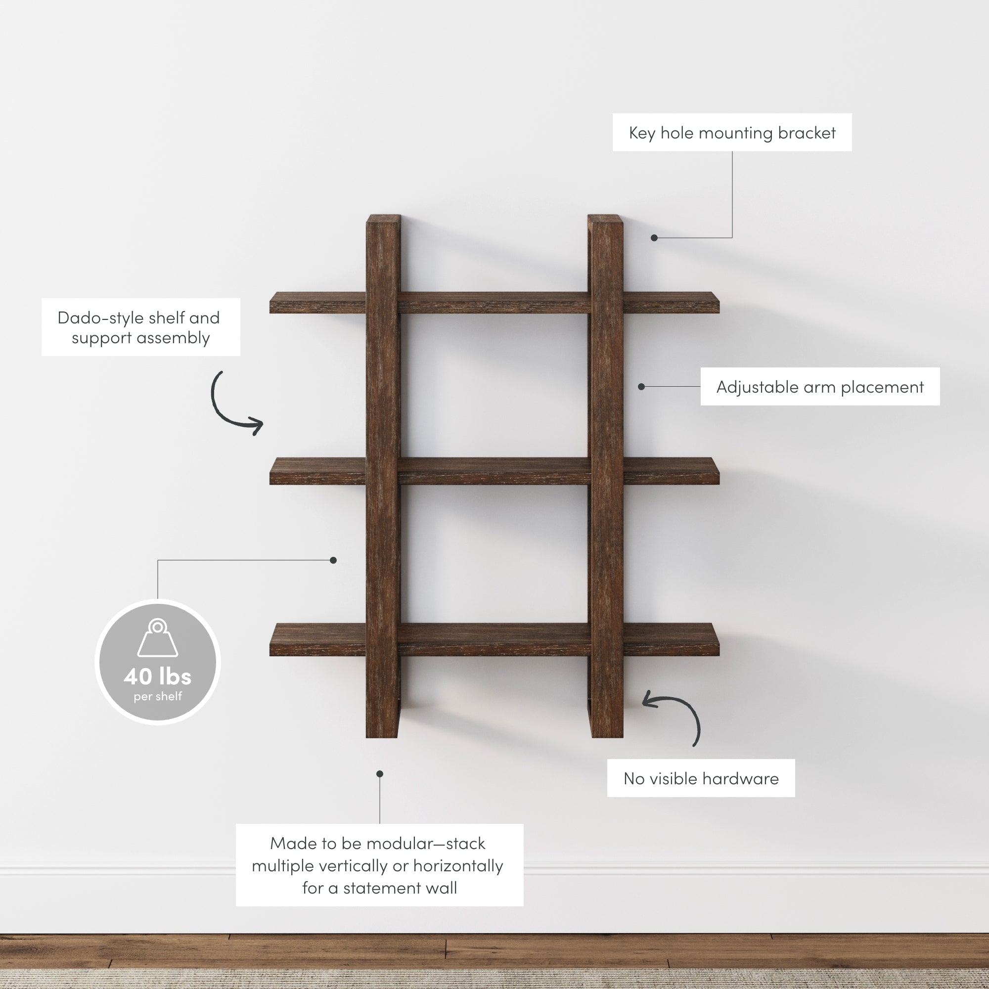 Wall-mounted dark wood shelving unit with four horizontal shelves on a vertical frame. Arrows highlight features: keyhole mounting bracket, adjustable arms, no visible hardware, 40 lb shelf capacity, and modular stacking design.