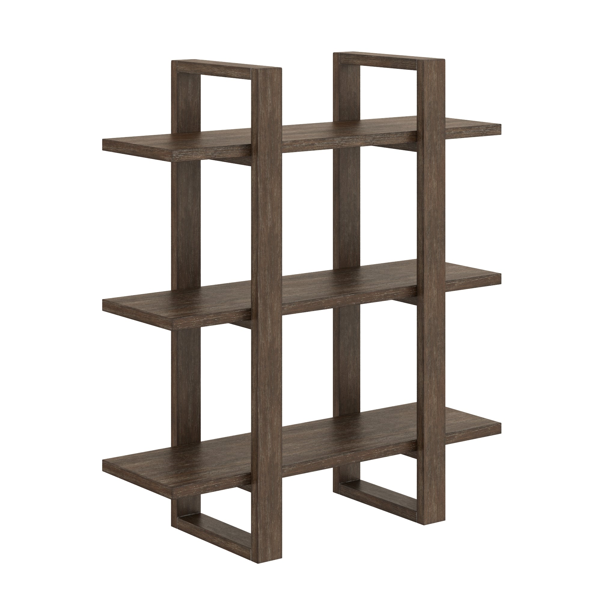 A modern, dark wood bookshelf with three shelves and an open geometric frame, featuring rectangular supports and a minimalist design.