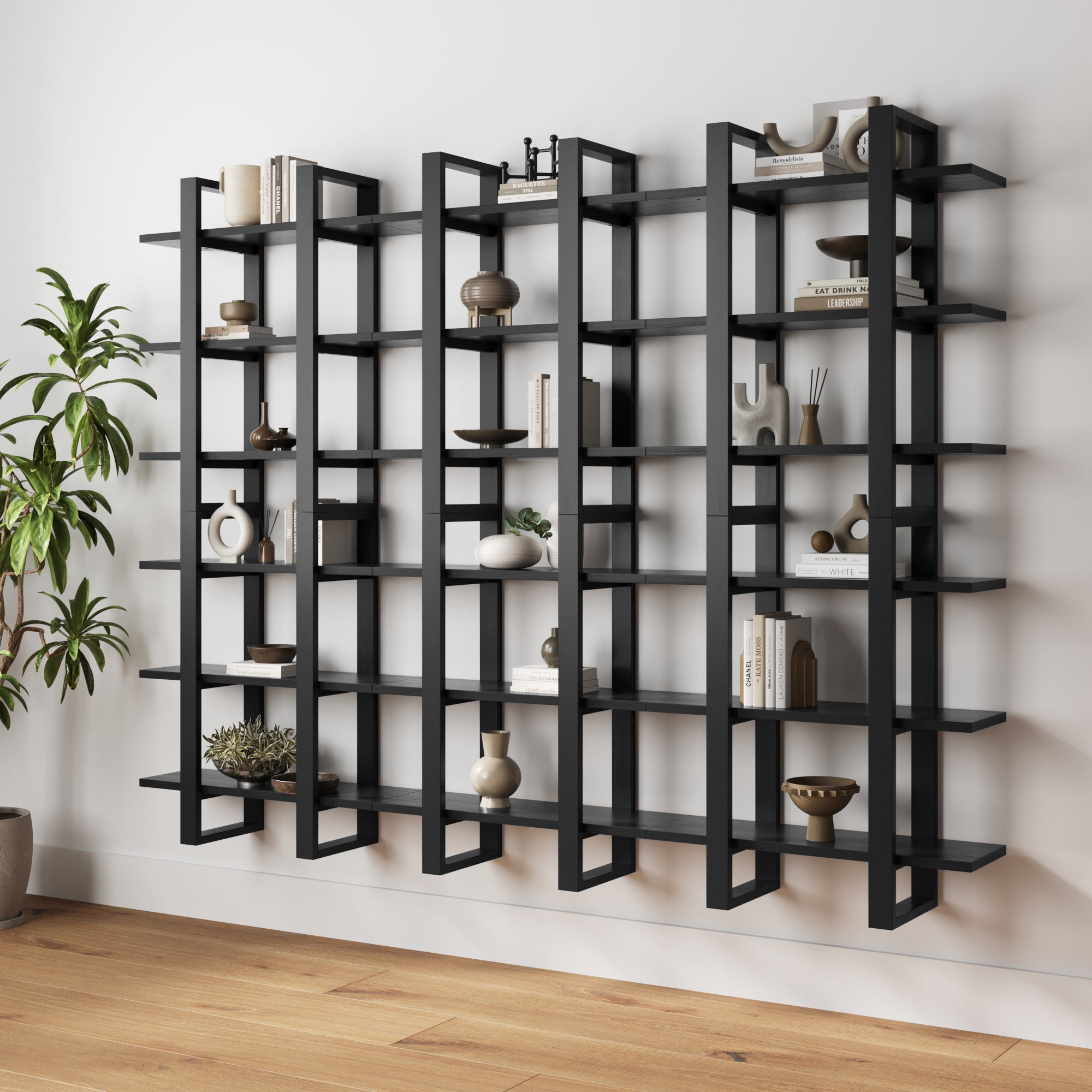 Solid Wood Modular Floating Wall Shelf Black Oak (Set of 6)