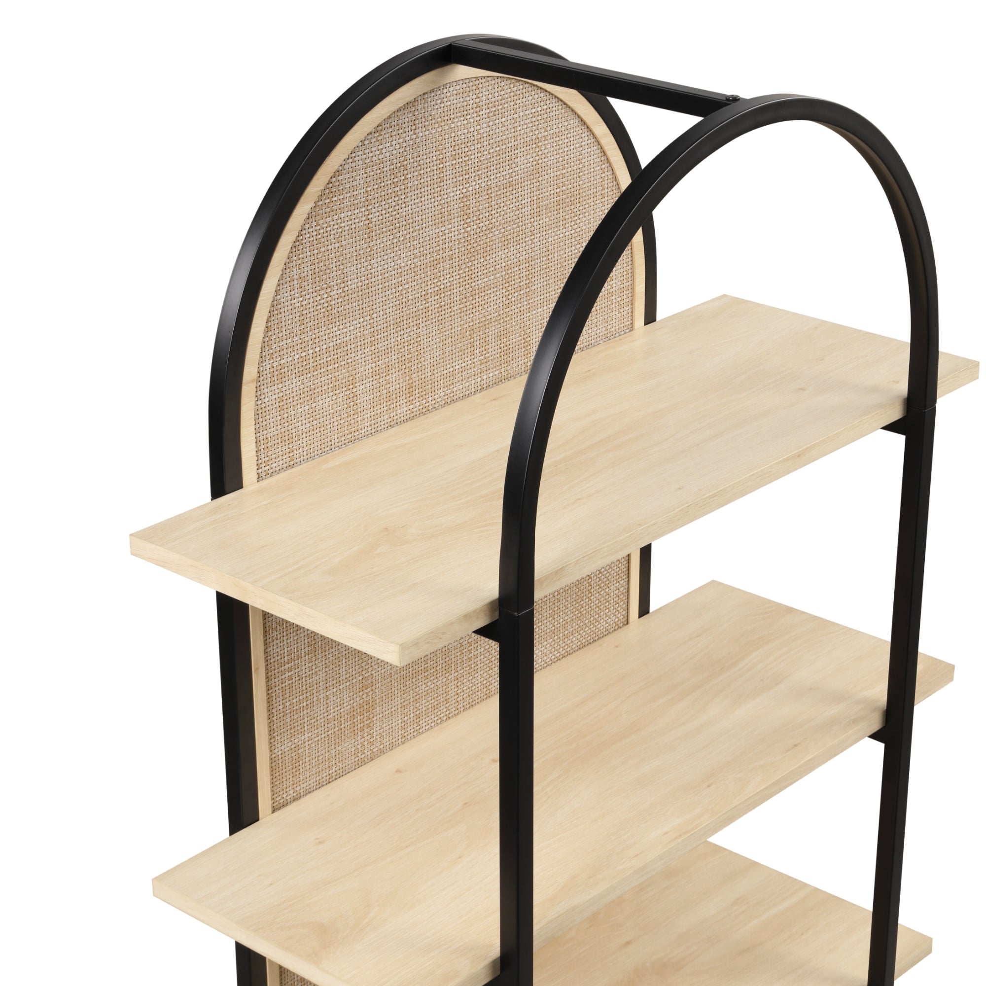 A close-up of a modern shelving unit with three light wood shelves, black metal arches, and a textured panel at the back. The design features a combination of natural and industrial materials.
