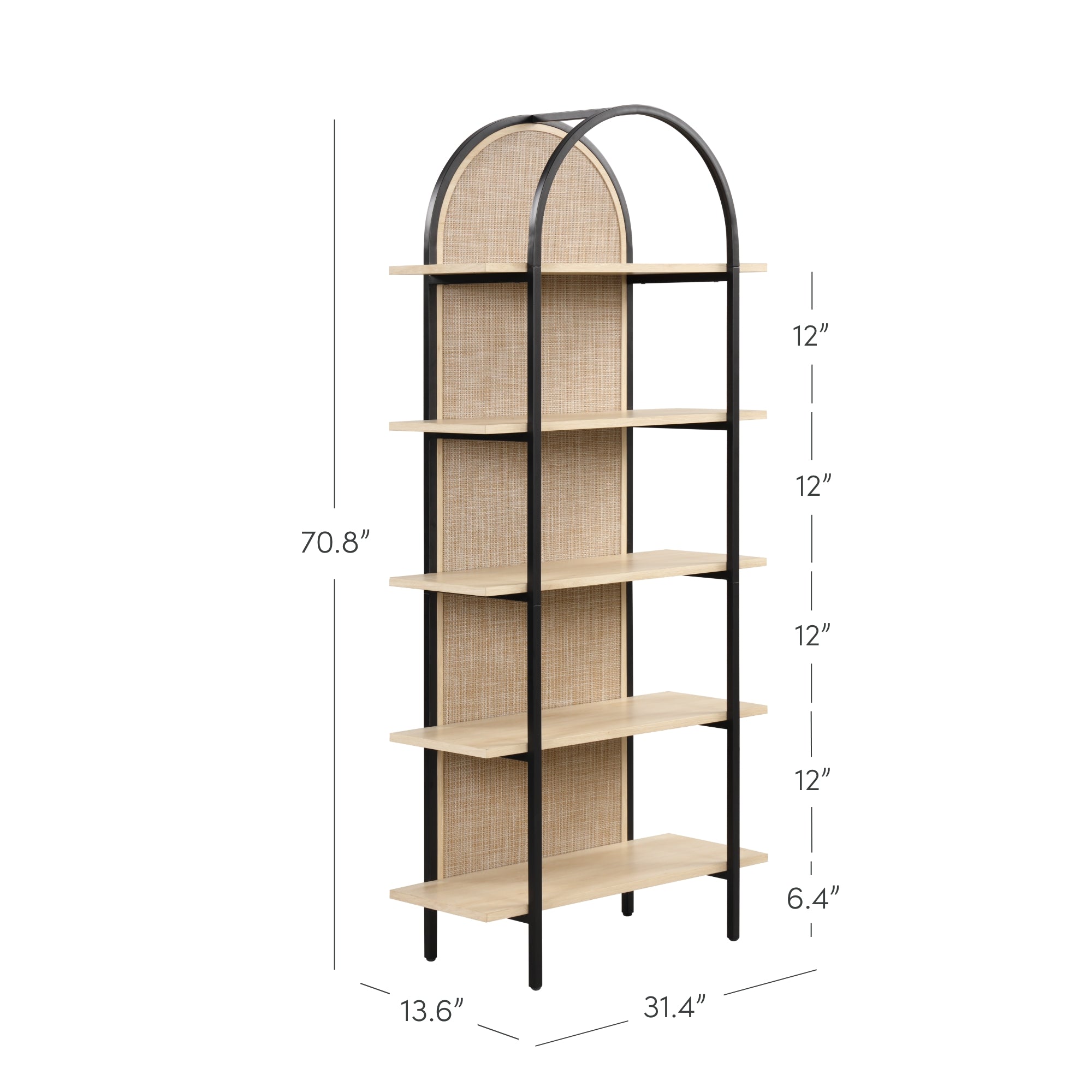 A tall shelving unit with five light wood shelves, a black metal frame, and an arched top. The height is 70.8 inches, width is 31.4 inches, and depth is 13.6 inches. Shelf heights vary from 6.4 to 12 inches apart.