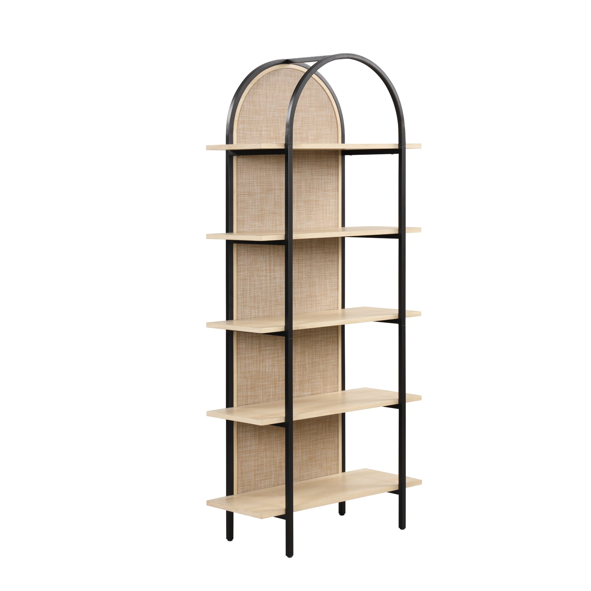 A tall, freestanding bookshelf with five light wood shelves, a black metal frame, and an arched top. The back panel has a woven rattan design, adding a touch of texture and style.