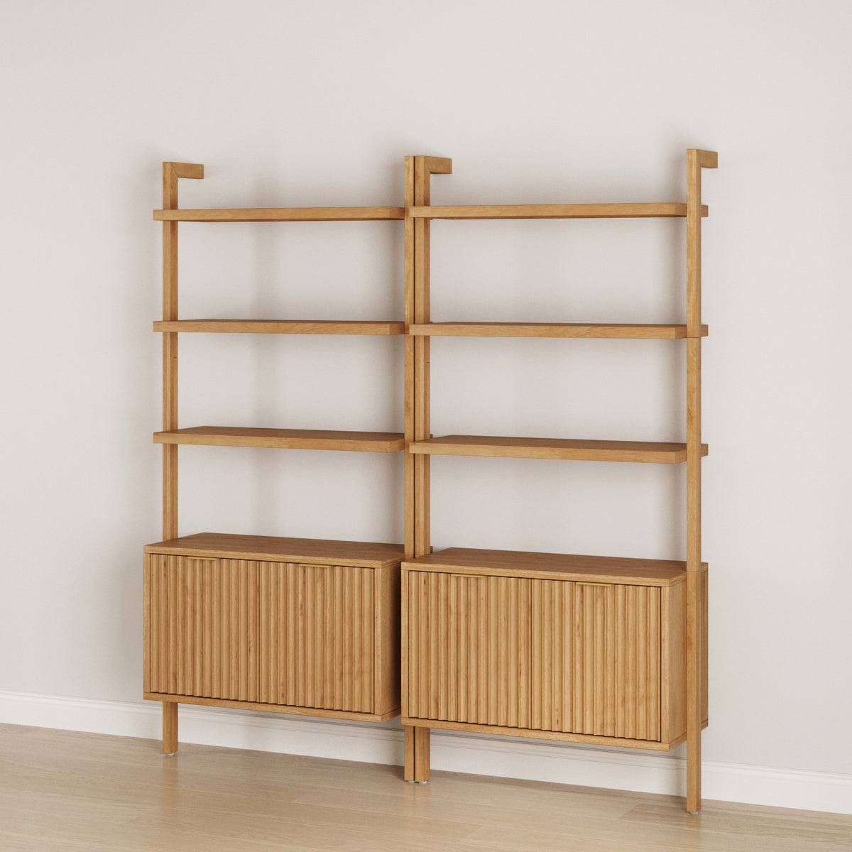 Mid-Century Fluted Wall Bookshelves with Doors Warm Pine (Set of 2)