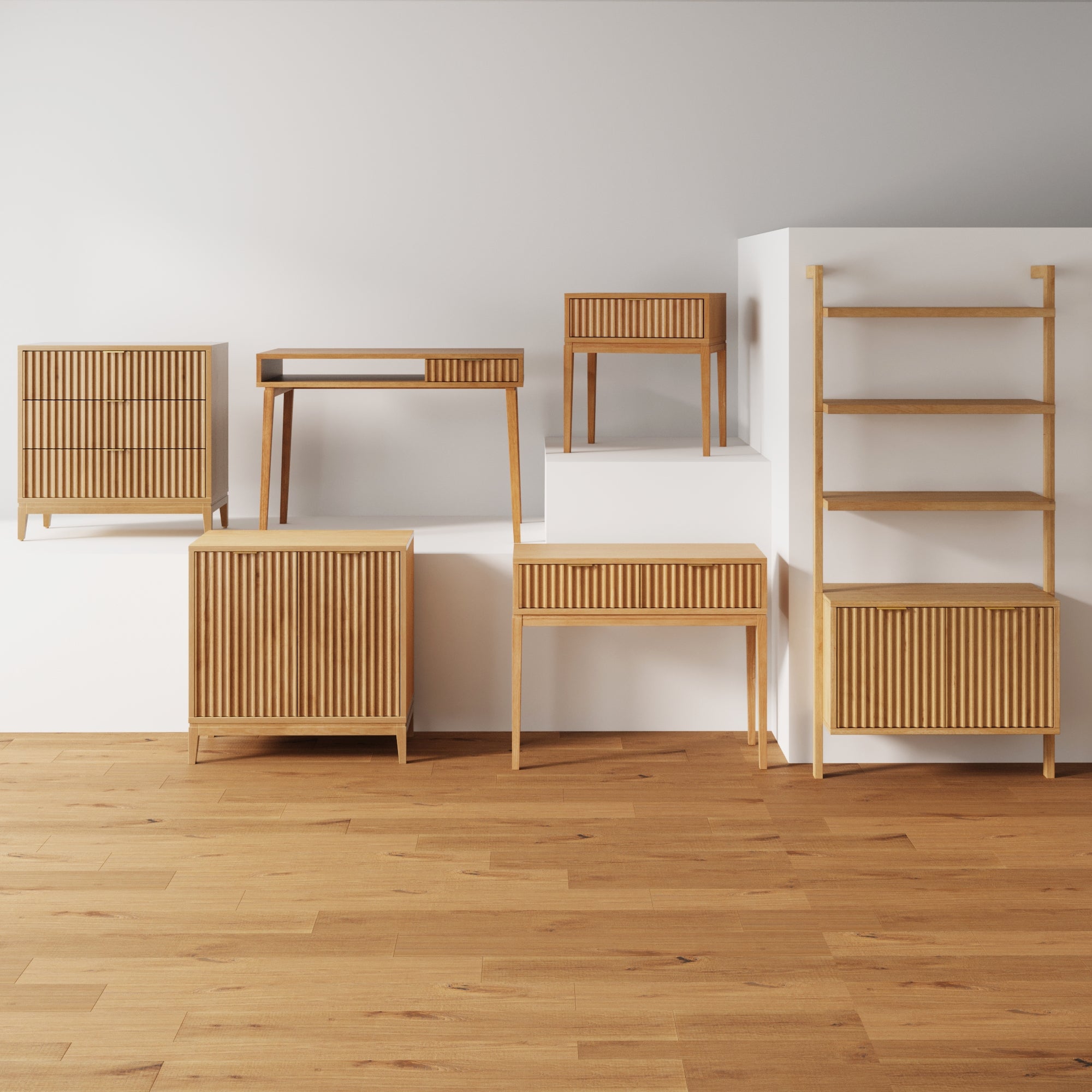 Five pieces of modern wooden furniture, including cabinets, a console table, and a shelving unit, are displayed on white platforms in a minimalist room with wood flooring and a light gray wall.