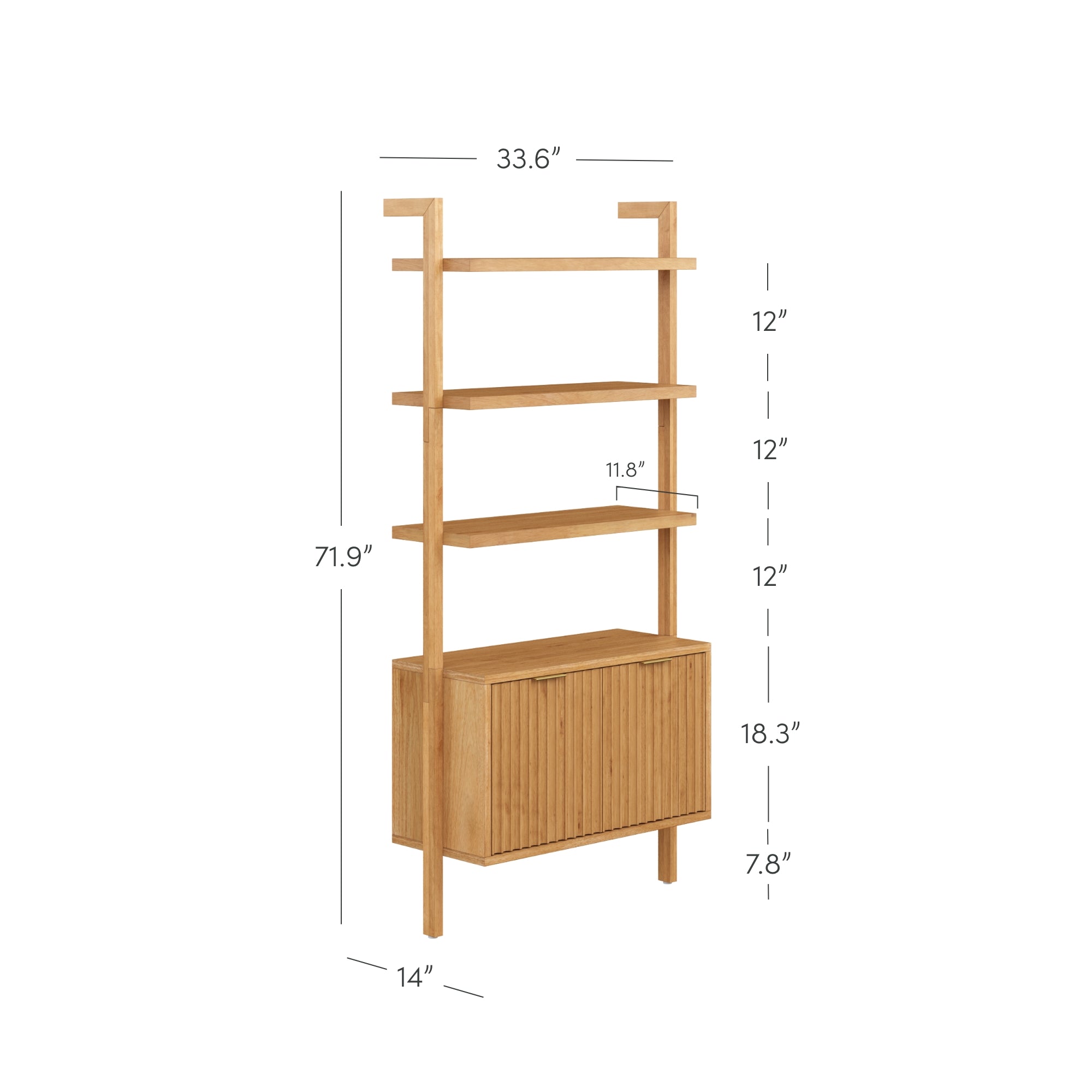 A wooden shelving unit with three open shelves above a closed cabinet. Dimensions: 71.9 tall, 33.6 wide, 14 deep. Shelves are 12 apart, cabinet height is 18.3, and bottom leg height is 7.8.
