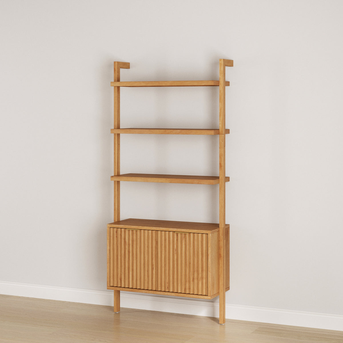 Mid-Century Fluted Wall Bookshelf with Doors Warm Pine
