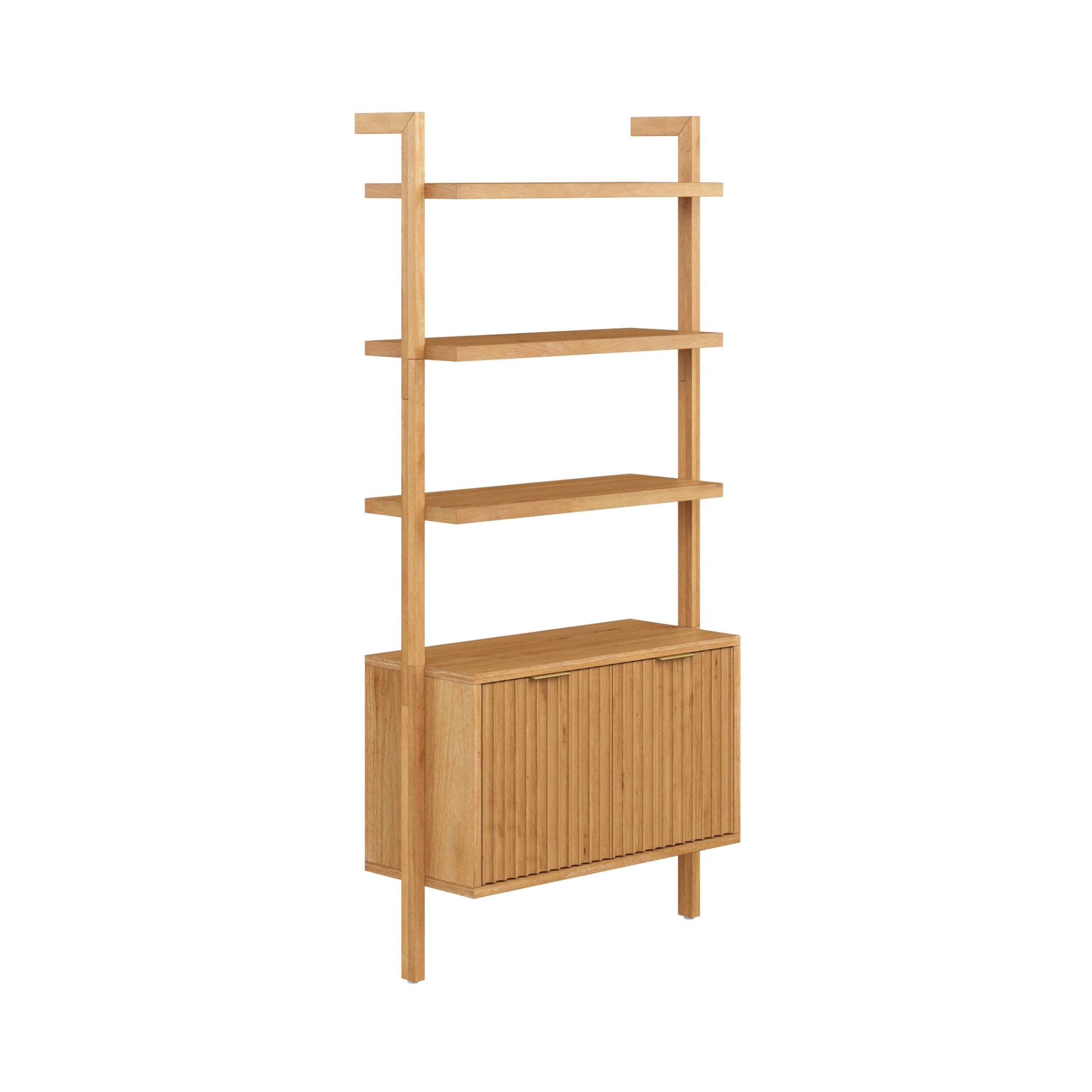 A wooden shelving unit with three open shelves and a closed cabinet at the bottom, featuring vertical slats on the cabinet doors. The design is modern and minimalist.