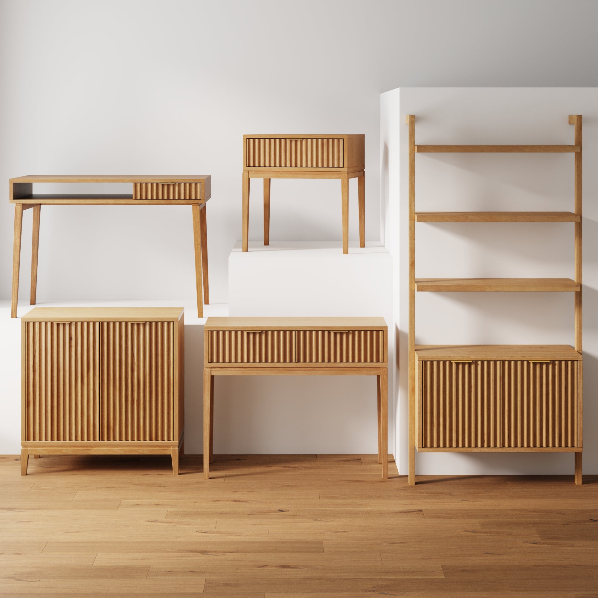 A set of modern wooden furniture, including a desk, nightstand, cabinet, drawer, and ladder shelf, all with vertical slat designs, arranged on a light wood floor against a white wall.