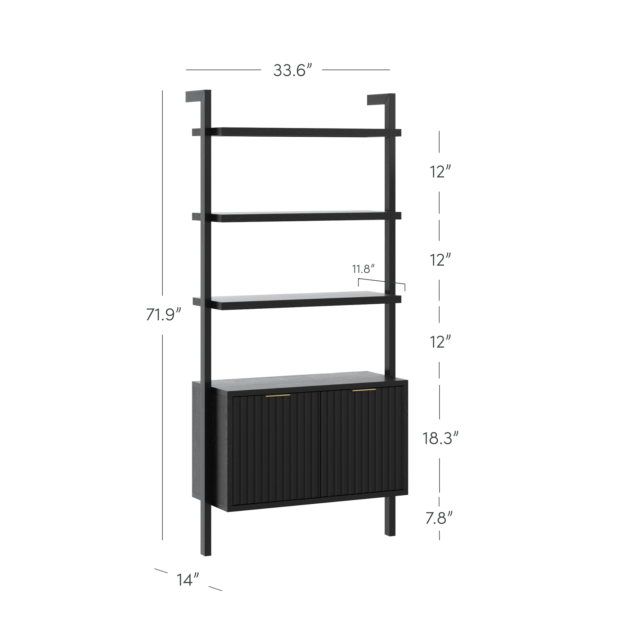 A tall black shelving unit with three shelves above a closed cabinet. Dimensions: 71.9 high, 33.6 wide, 14 deep. Top three shelves are 12 apart, cabinet is 18.3 high, and raised 7.8 from the floor.