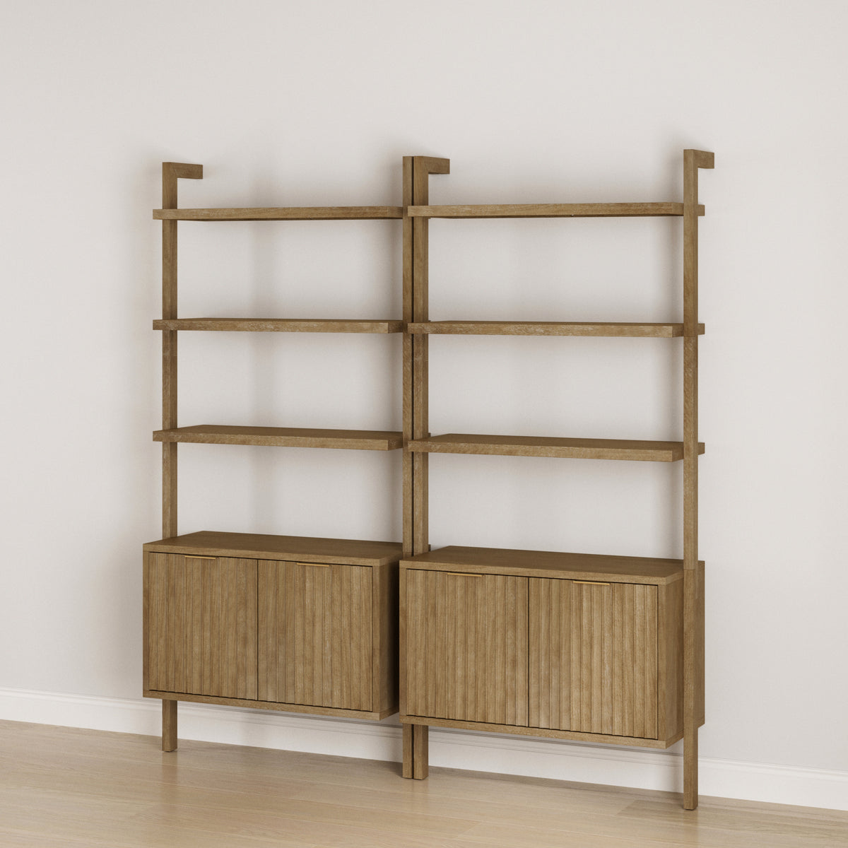 Mid-Century Fluted Wall Bookshelves with Doors Light Brown (Set of 2)