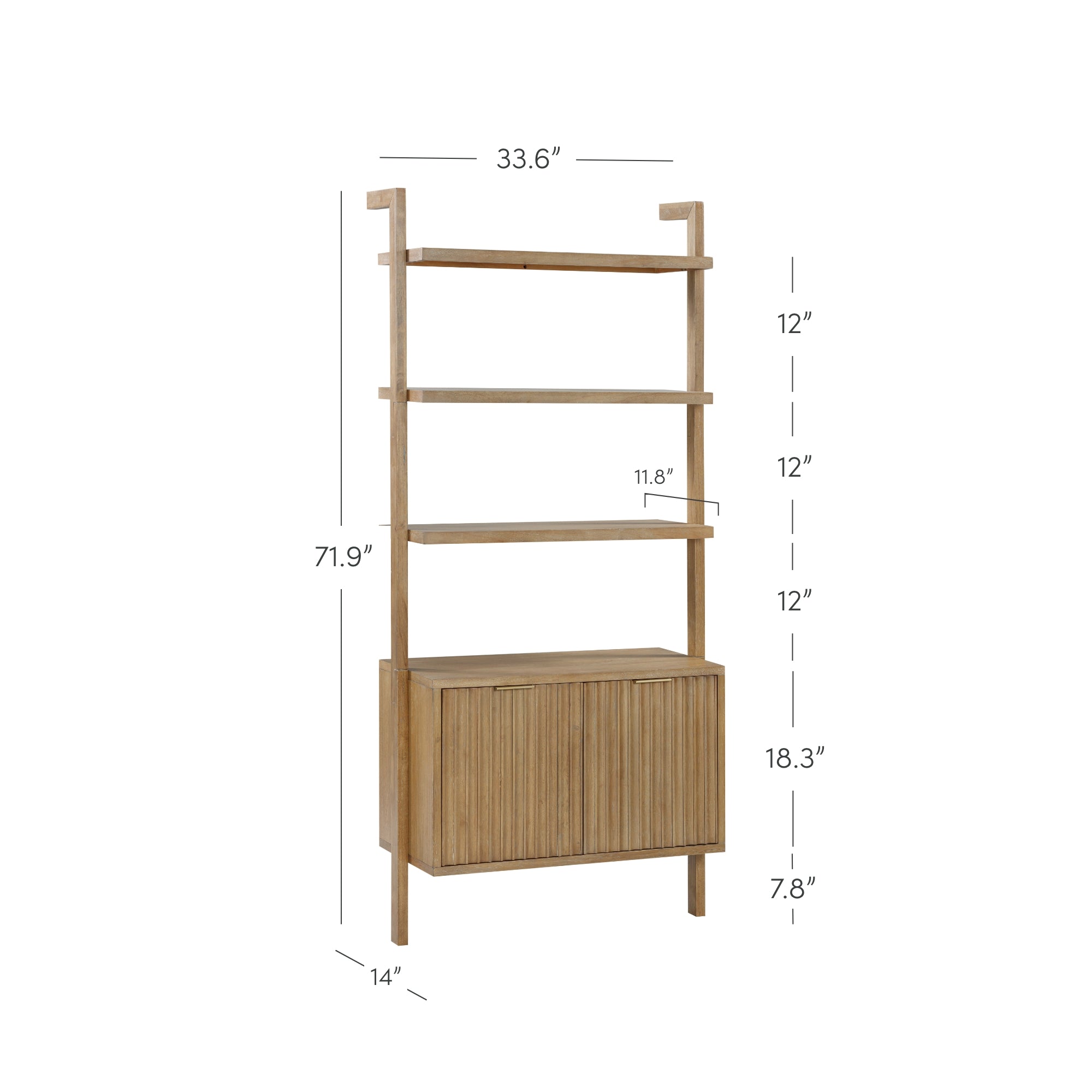 Tall wooden shelving unit with three open shelves, a two-door cabinet at the bottom, and labeled dimensions: 71.9 high, 33.6 wide, 14 deep, and shelf/cabinet heights indicated in inches.