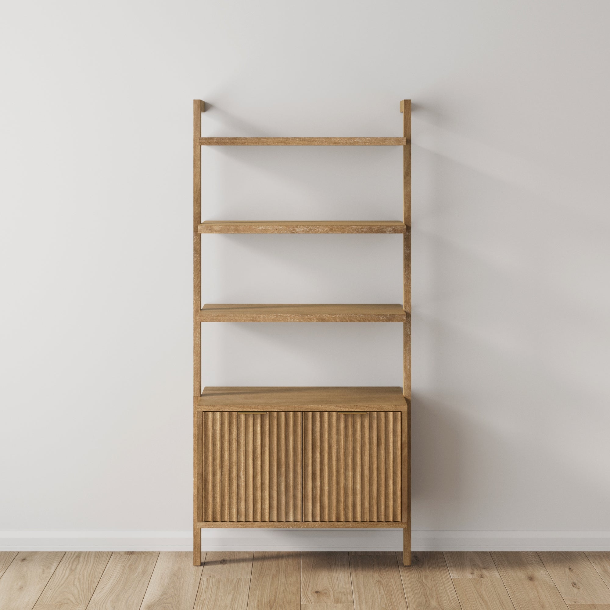 The Nathan James Mid-Century Fluted Wall Bookshelf with Doors in light brown features three open shelves above a fluted cabinet, and stands against a white wall on a light wood floor.