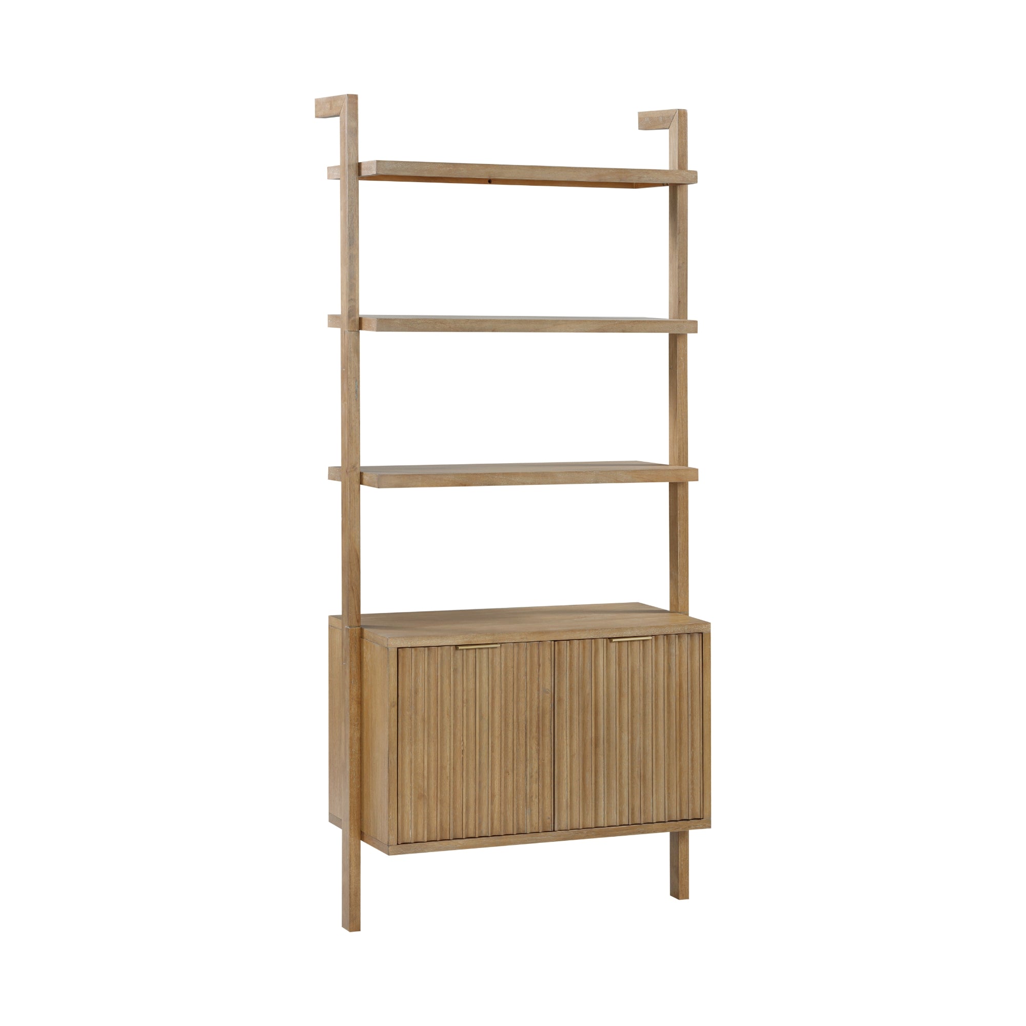 A tall wooden shelving unit with two open shelves above a closed cabinet featuring vertical slatted doors, all in a light natural wood finish.