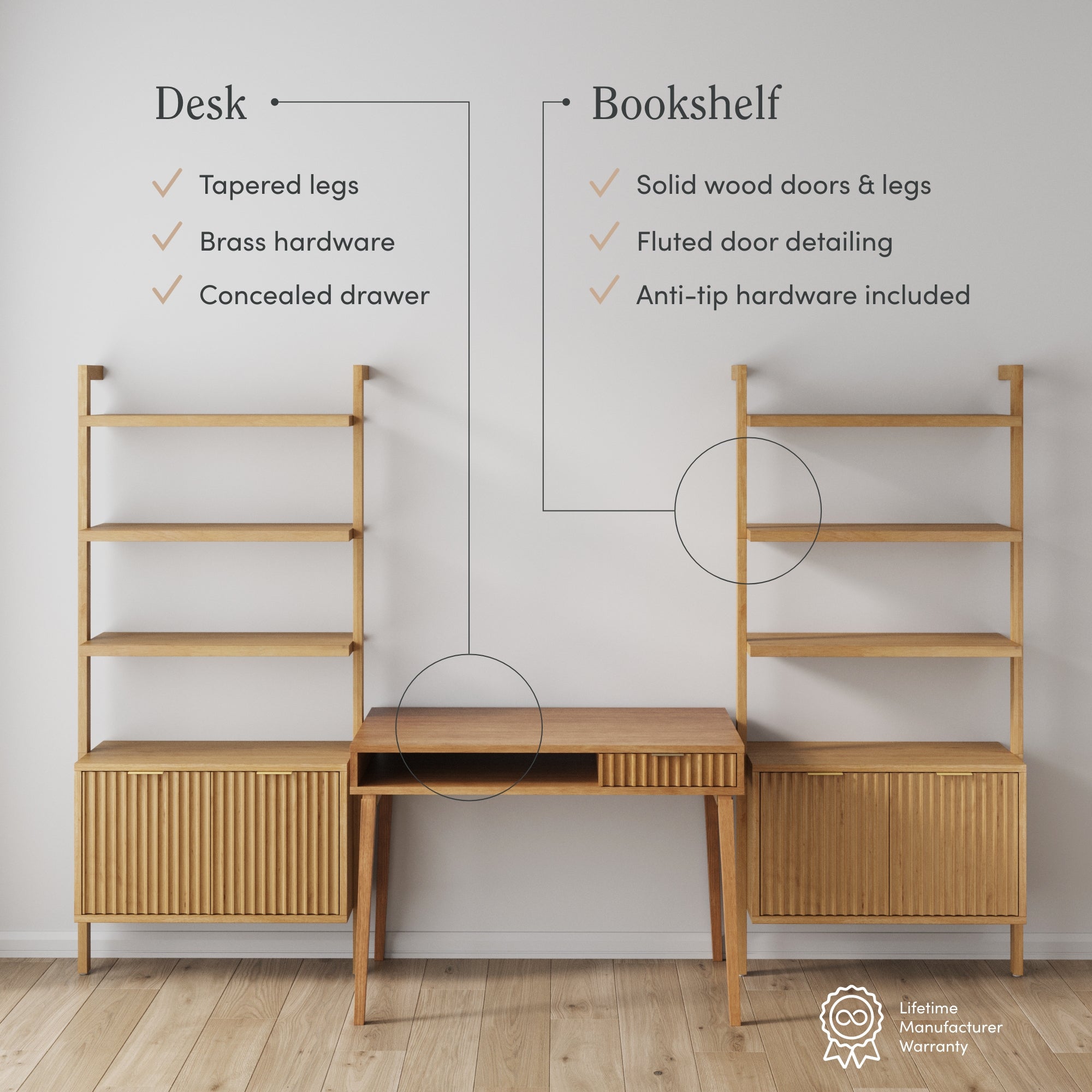 Minimalist wooden desk and two bookshelves against a white wall. Text highlights desk features (tapered legs, brass hardware, concealed drawer) and bookshelf features (solid wood doors, fluted detail, anti-tip hardware).